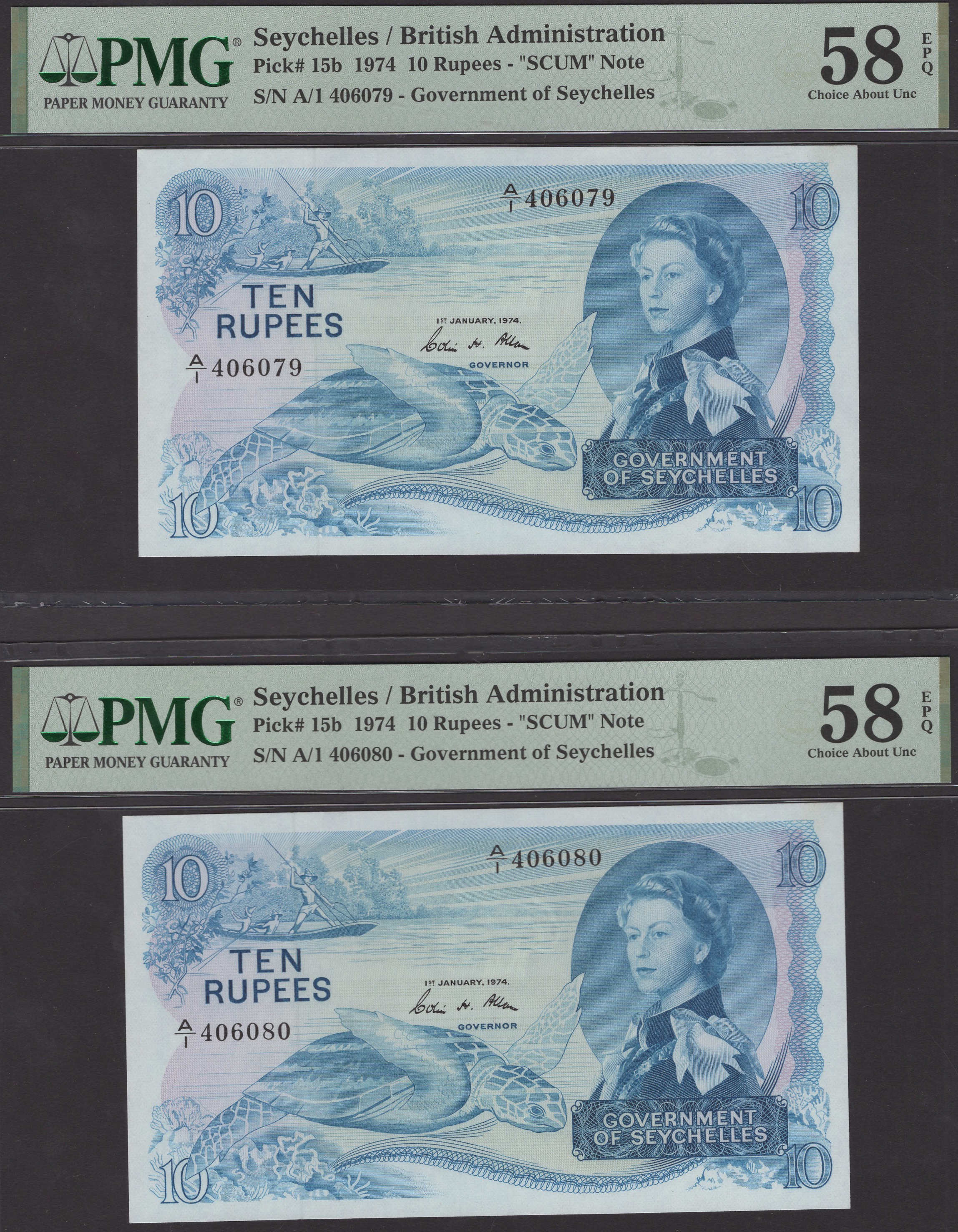 Government of Seychelles, consecutive 10 Rupees (2), 1 January 1974, serial numbers A/1...