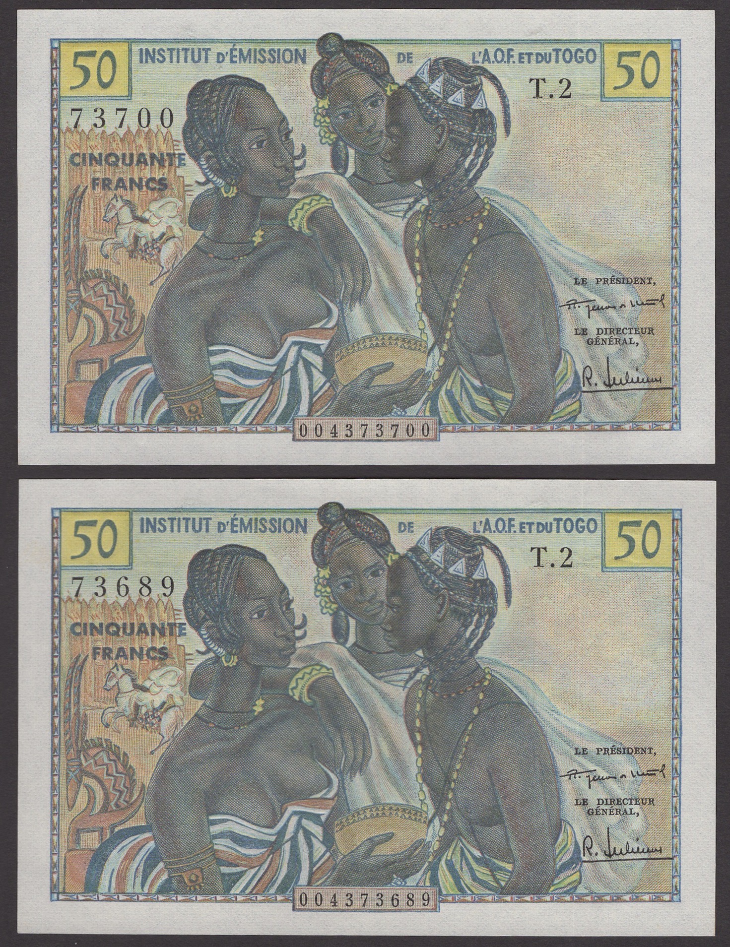 Banque de l'Afrique Occidentale, French West Africa, 50 Francs (2) ND (1956), serial...