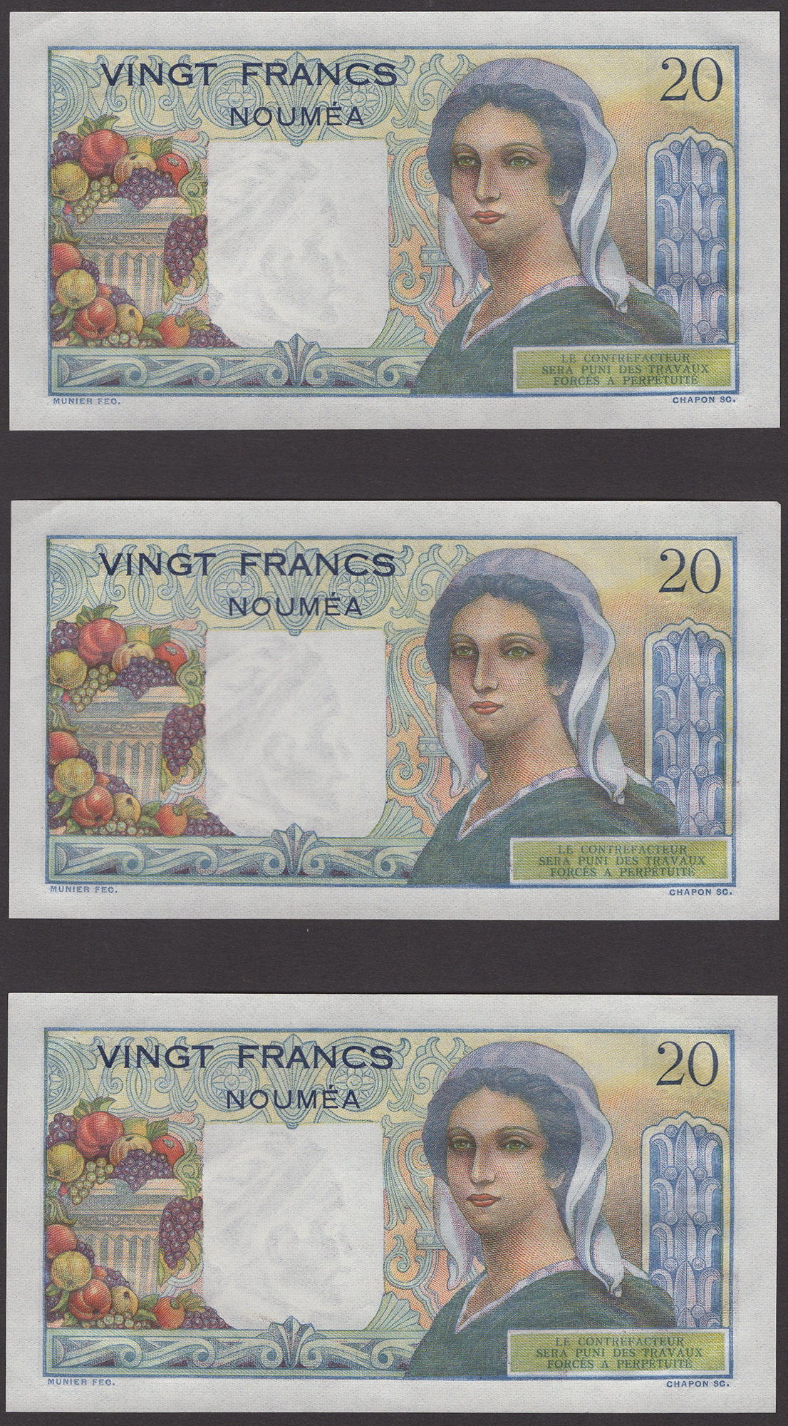 Banque de l'Indochine, New Caledonia, 20 Francs (5), ND (1951), serial number D.118 684-85... - Image 2 of 4