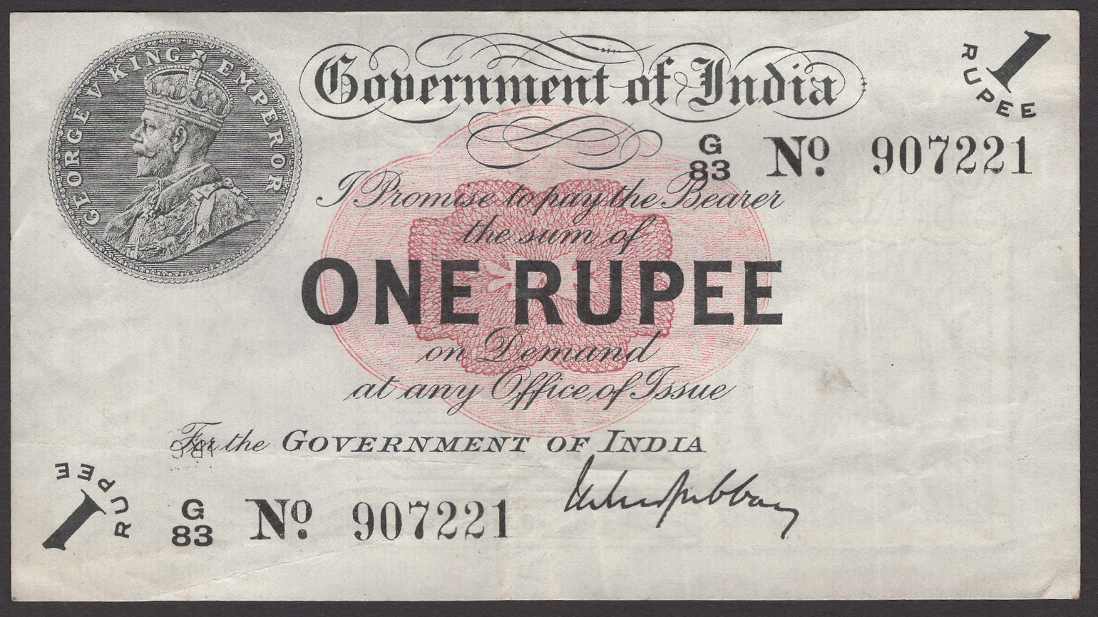 Government of India, 1 Rupee, 1917, serial number G/83 907221, Gubbay signature, superb...