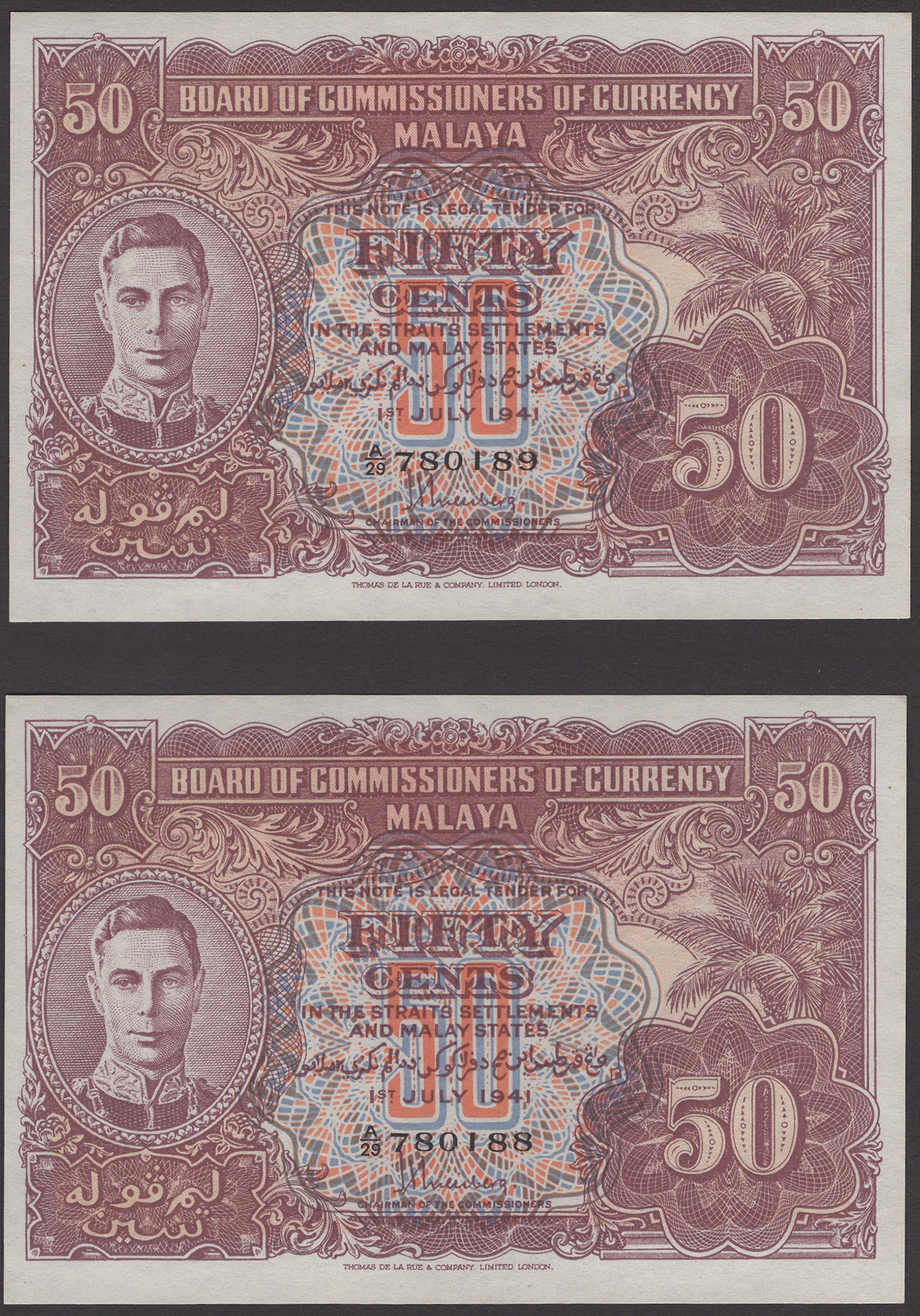 Board of Commissioners of Currency Malaya, 50 Cents (2), 1 July 1941, serial numbers A/29...