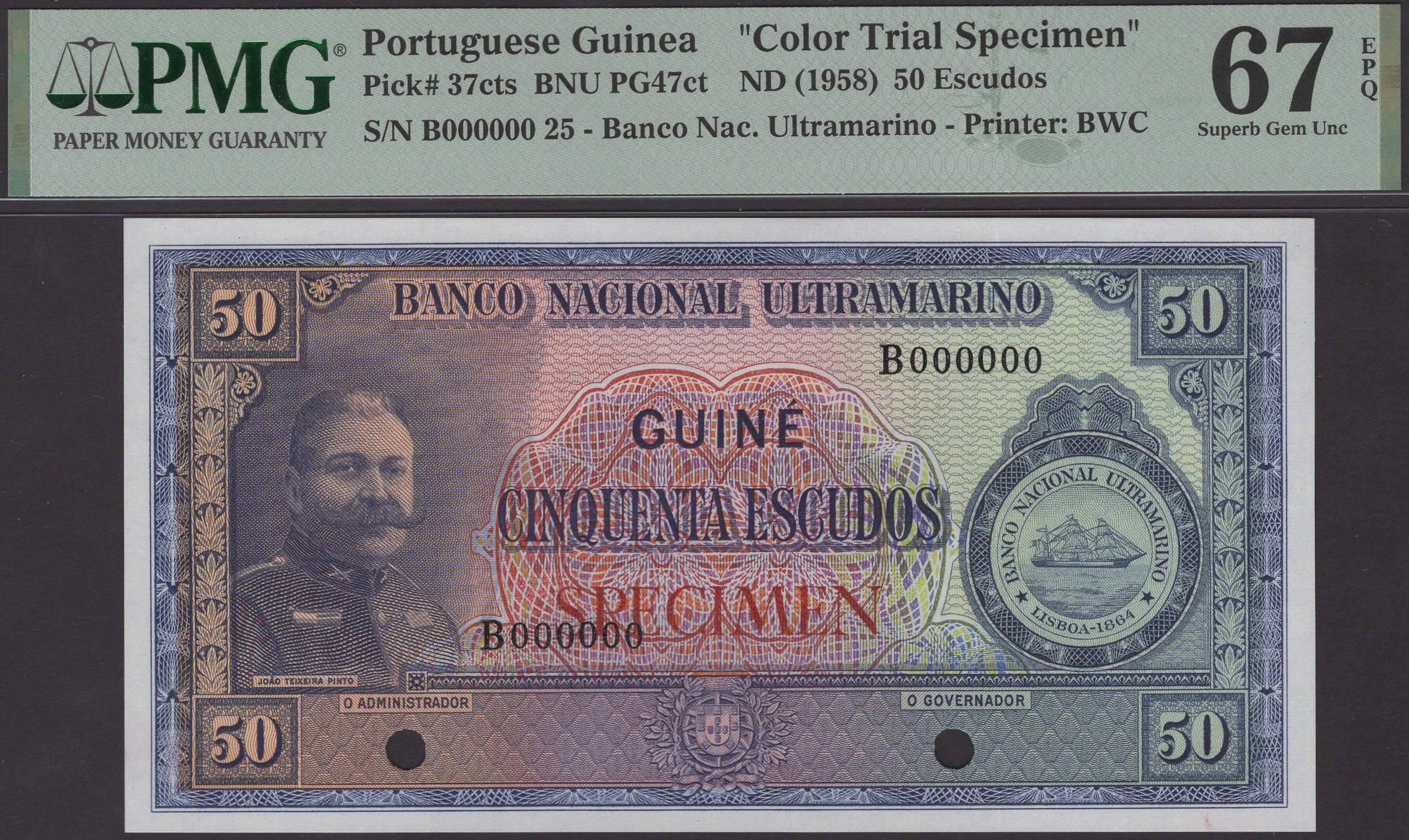 Banco Nacional Ultramarino, Portuguese Guinea, colour trial 50 Escudos, ND (1958), serial...