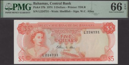 Central Bank of the Bahamas, $5, 1974, serial number L224731, Allen signature, in PMG...