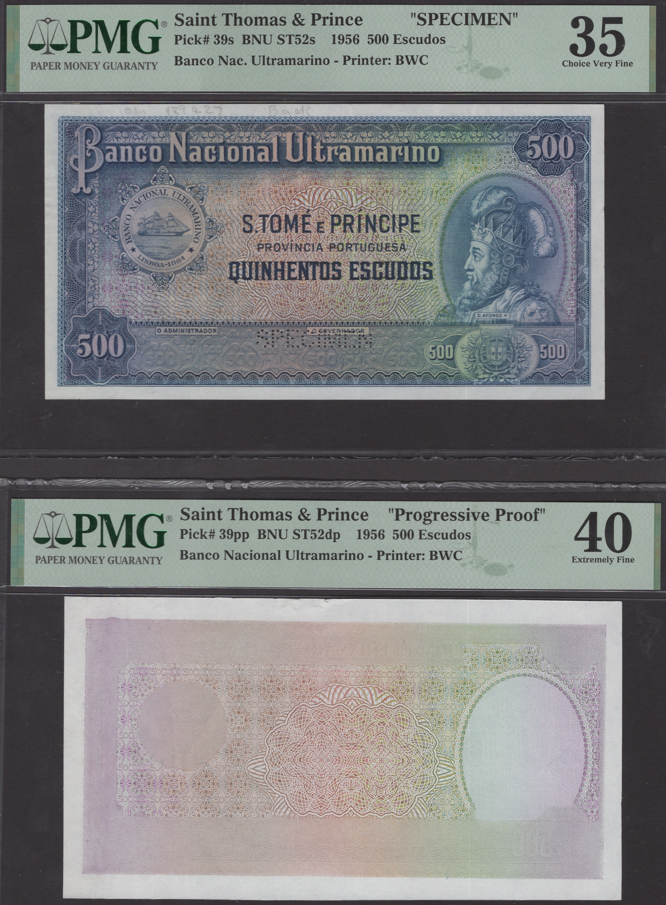 Banco Nacional Ultramarino, St Thomas & Prince, several proofs for the 500 Escudos of 1956,...