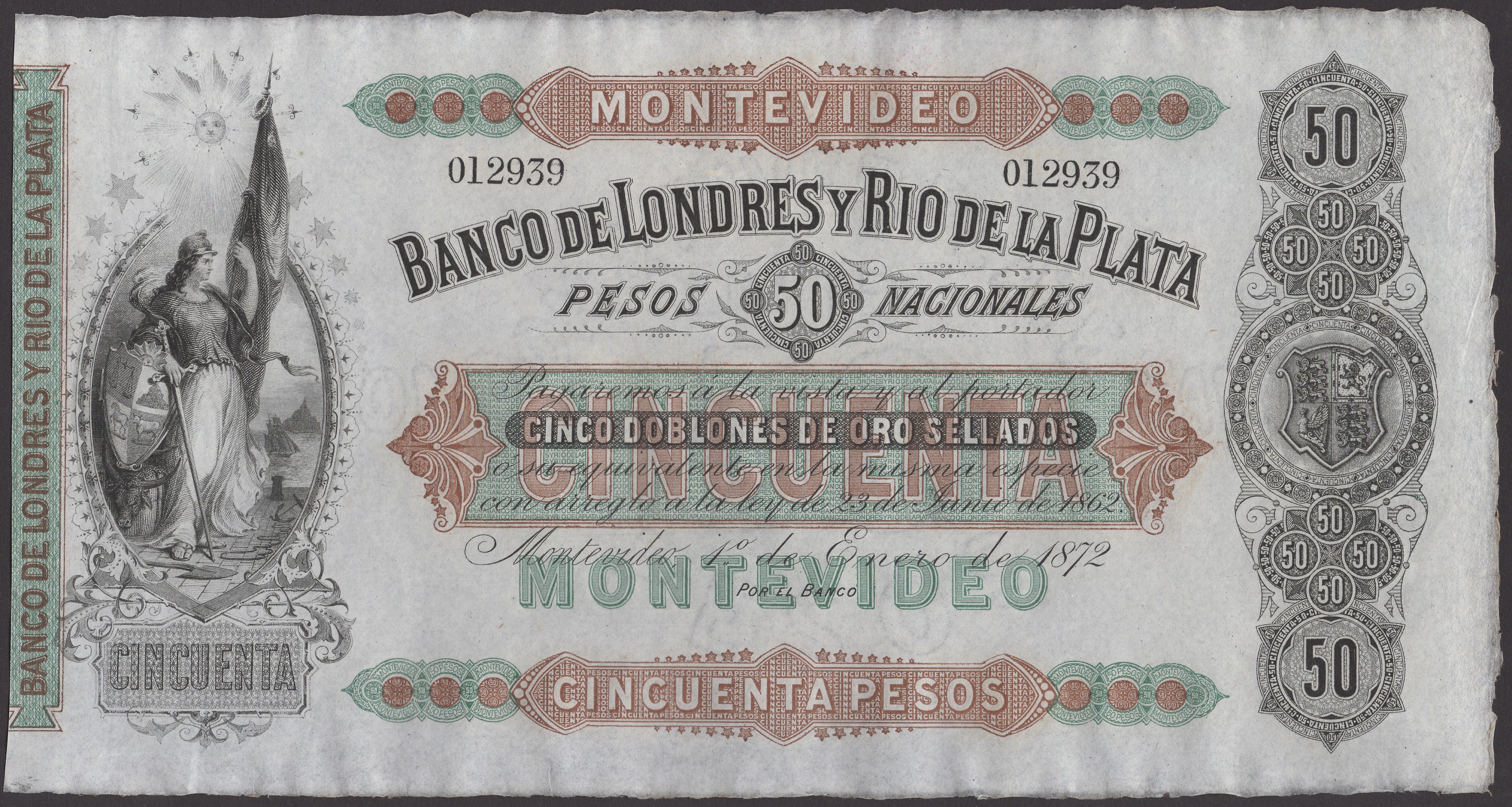 Banco de Londres y Rio de la Plata, unissued 50 Pesos (2), 1 January 1872, serial numbers...