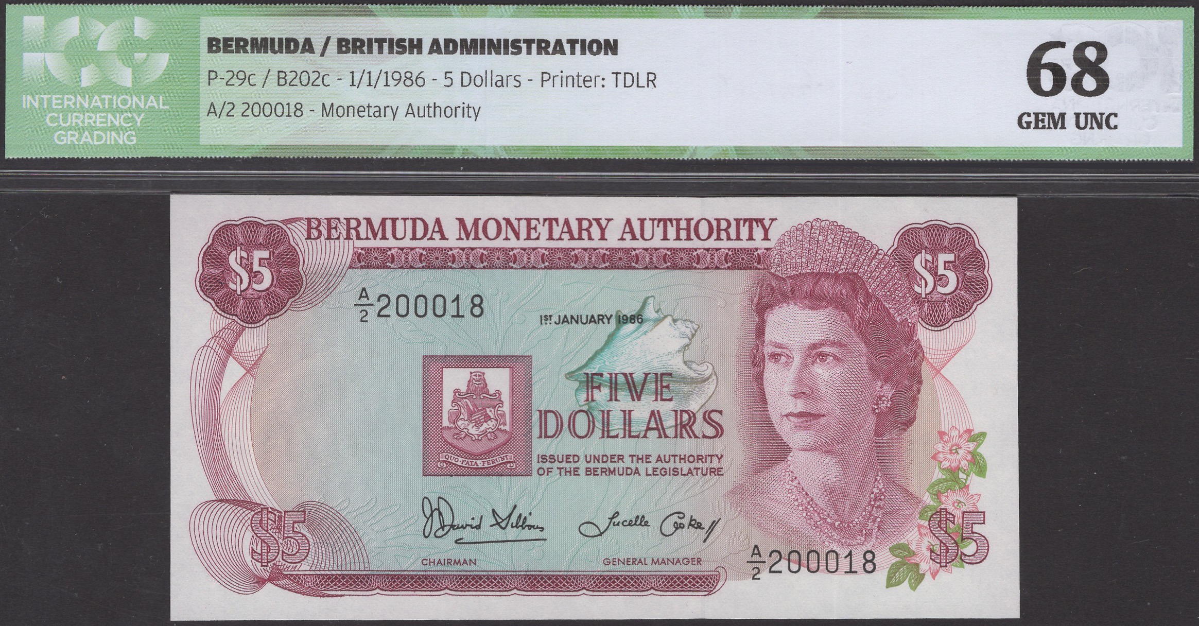 Bermuda Monetary Authority, $5, 1 January 1986, serial number A/2 200018, Gibbons and Cooke...