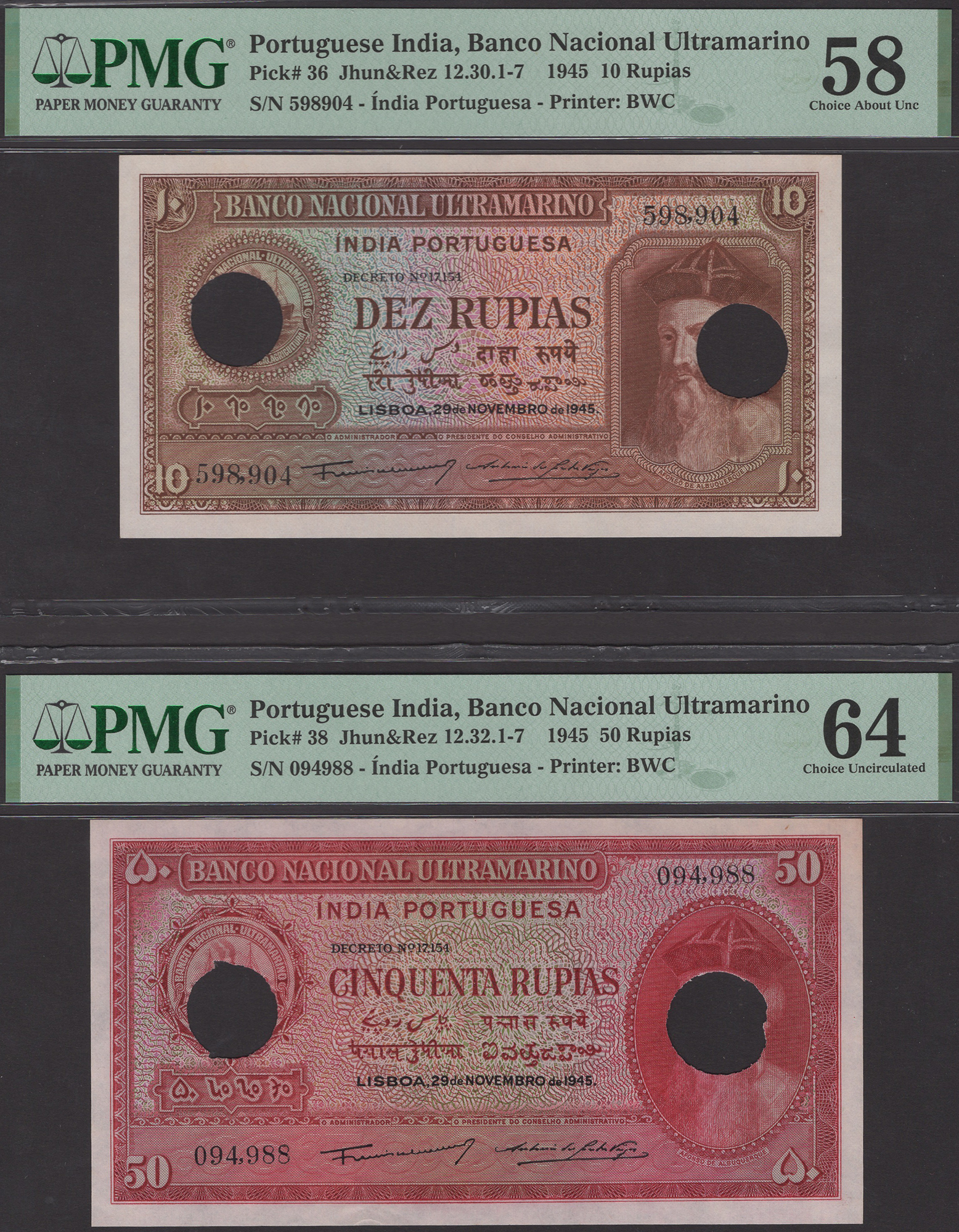 Banco Nacional Ultramarino, Portuguese India, 10 and 50 Rupias, 29 November 1945, serial...