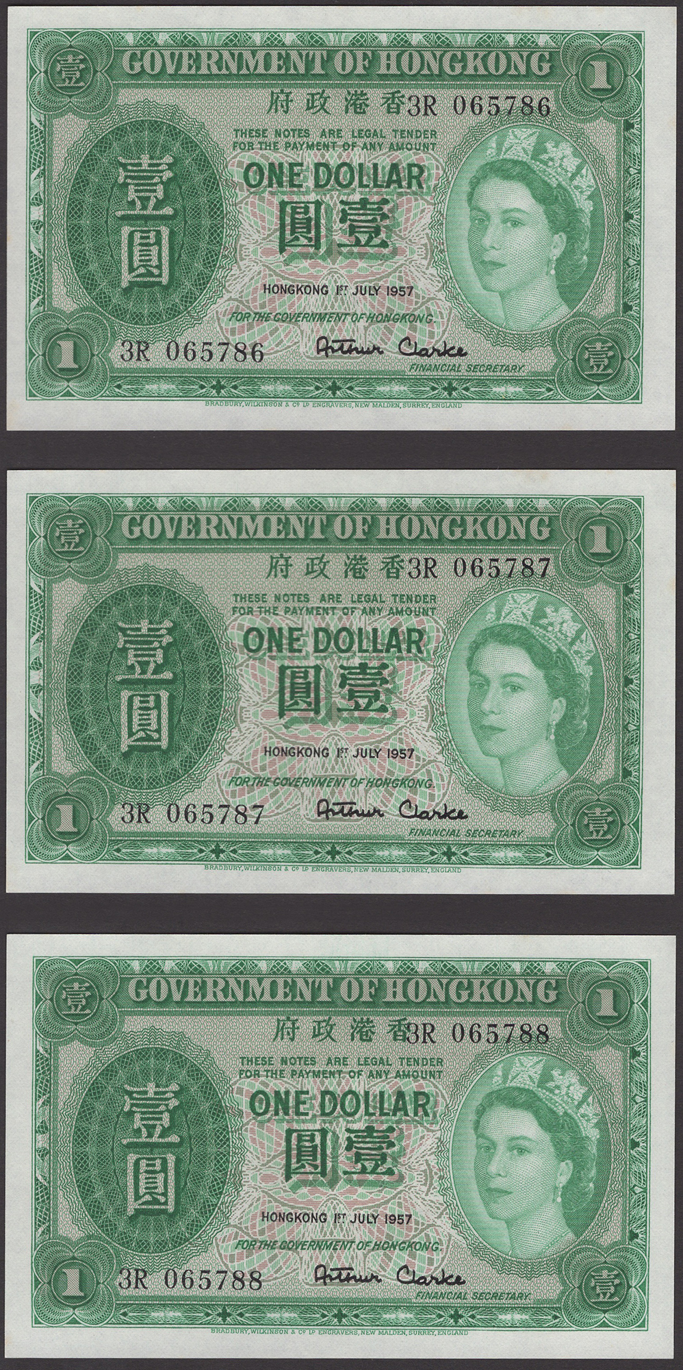 Government of Hong Kong, $1 (5), 1 July 1957, prefixes 3R (4) and 3T, Arthur Clarke...