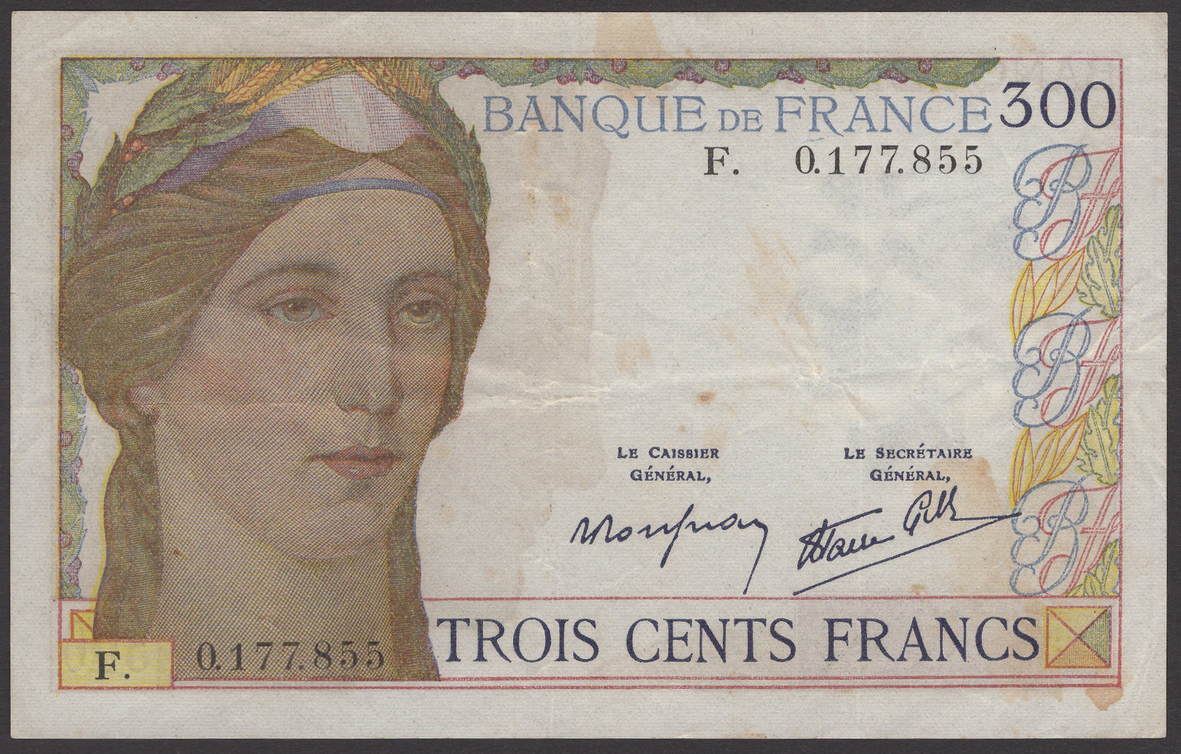 Banque de France, 300 Francs, ND (1938), serial number F.0177855, Roussean and Favre-Gilly...