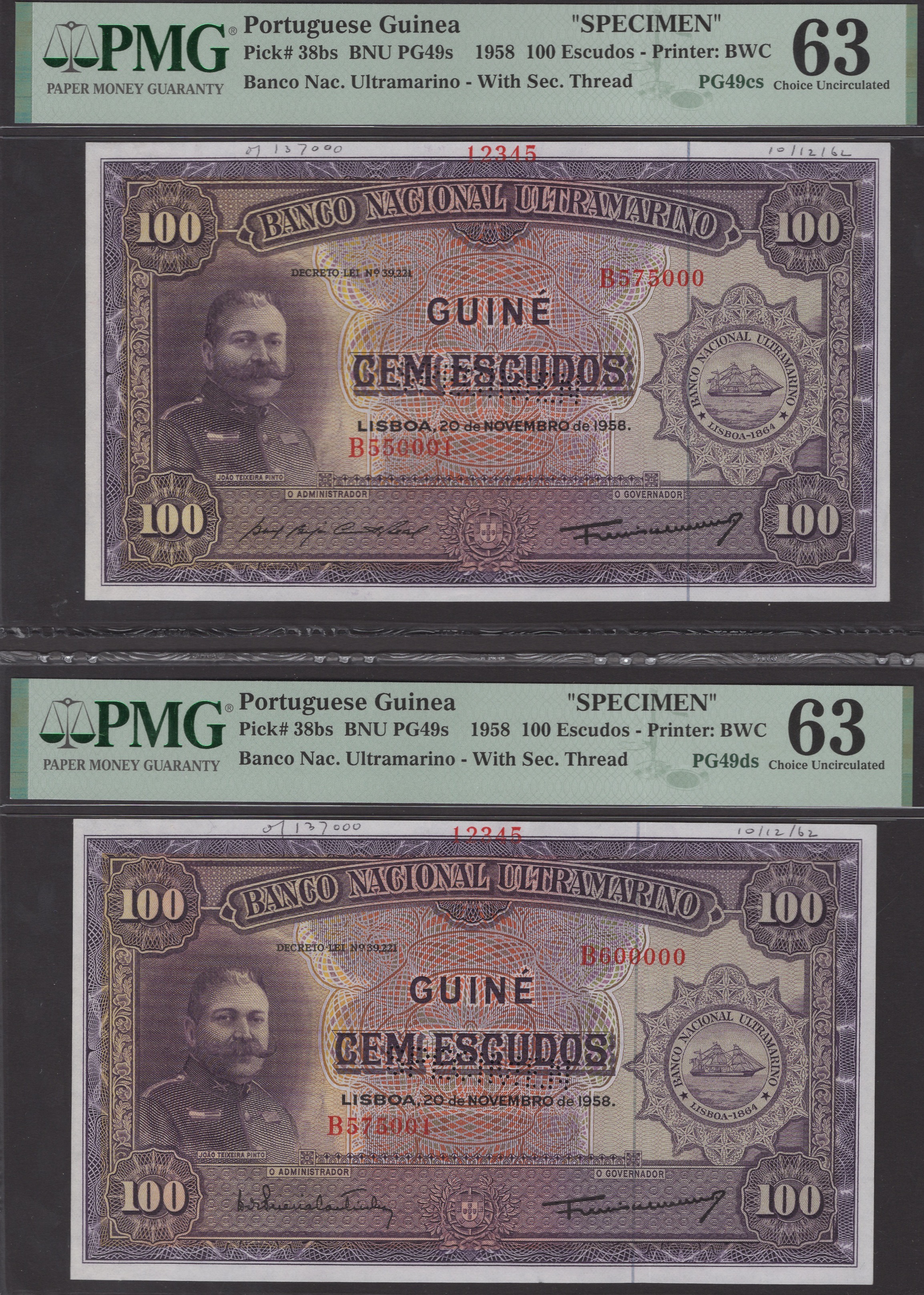 Banco Nacional Ultramarino, Portuguese Guinea, printers archival specimen 100 Escudos (2),...