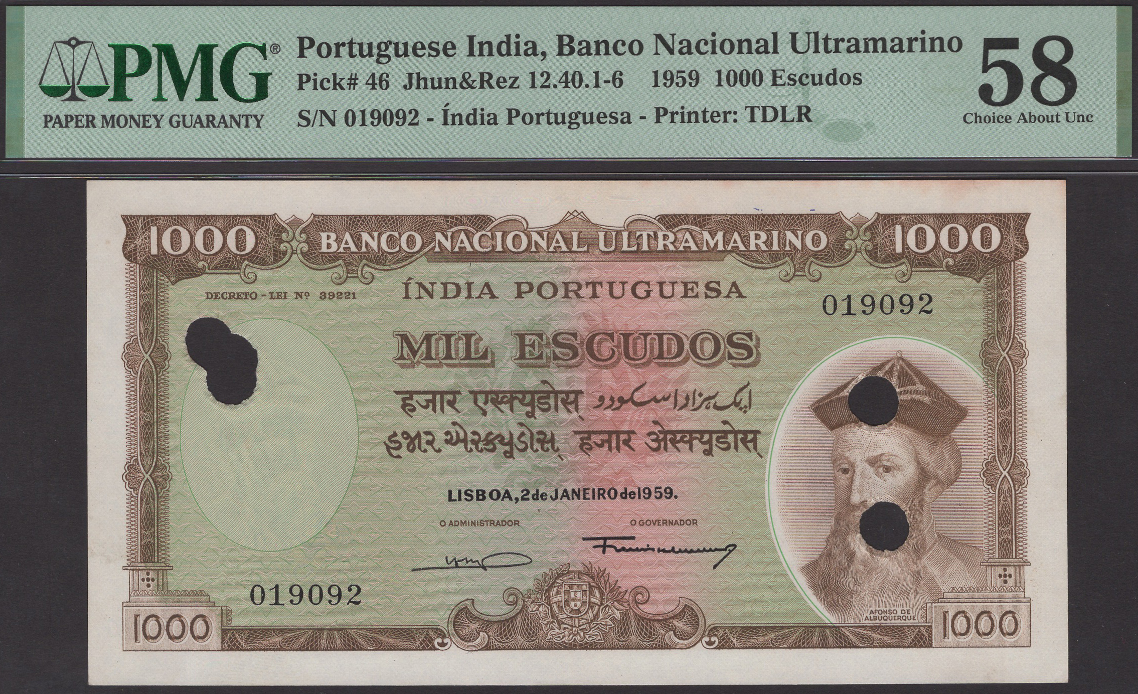 Banco Nacional Ultramarino, Portuguese India, 1000 Escudos, 2 January 1959, serial number...