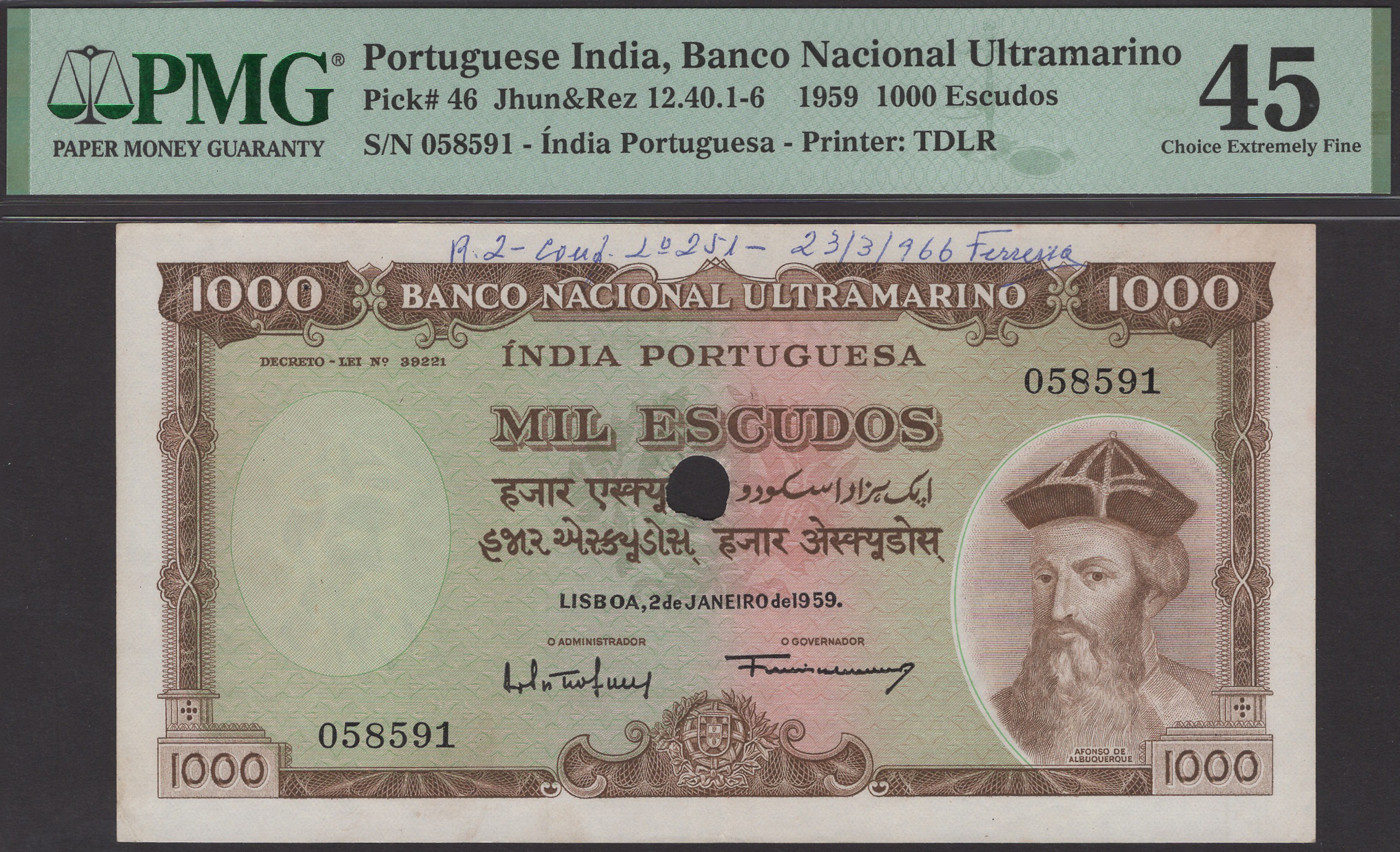 Banco Nacional Ultramarino, Portuguese India, 1000 Escudos, 2 January 1959, serial number...