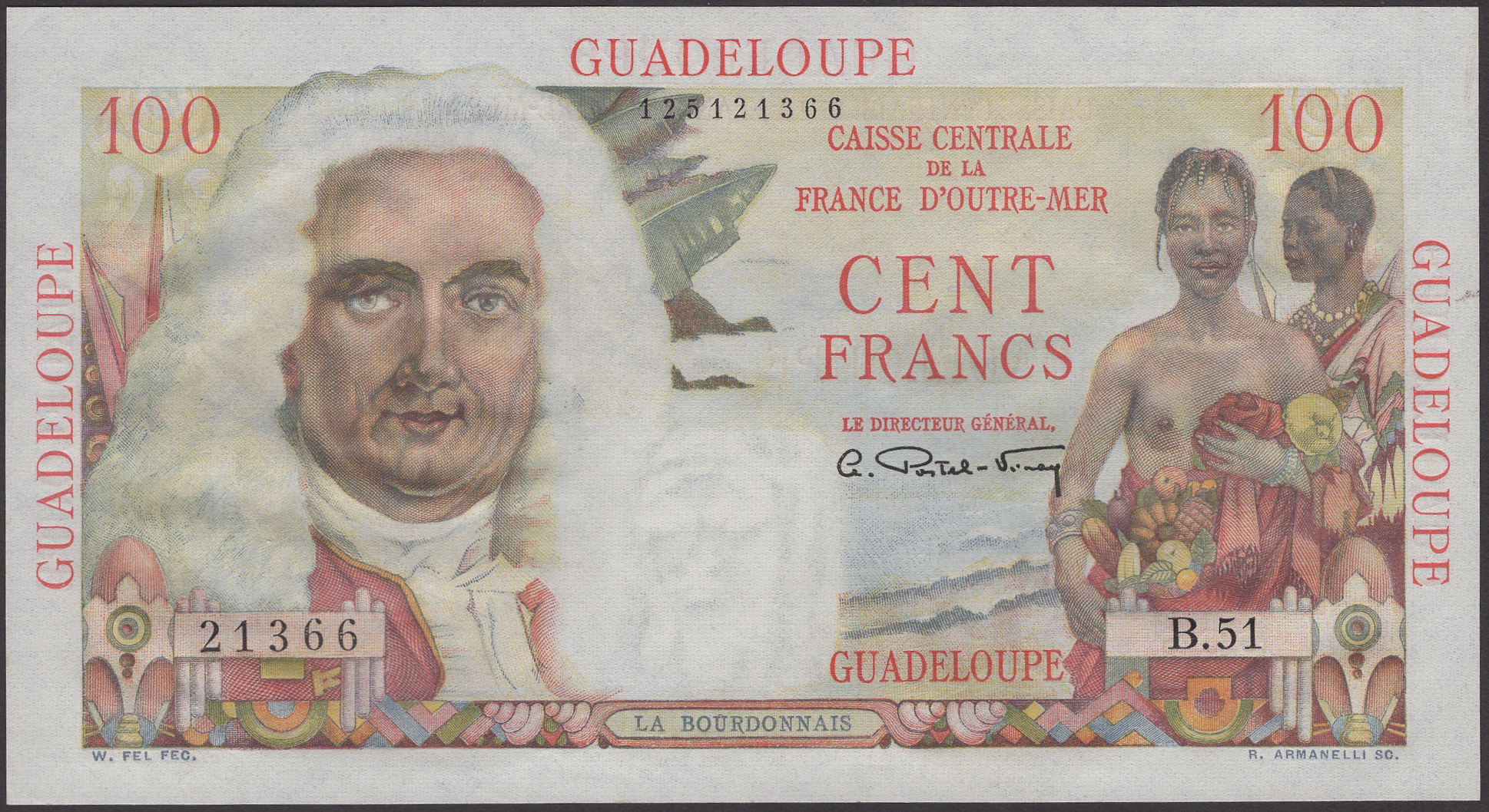 Caisse Centrale de la France d'Outre Mer, Guadeloupe, 100 Francs, ND (1947-49), serial...