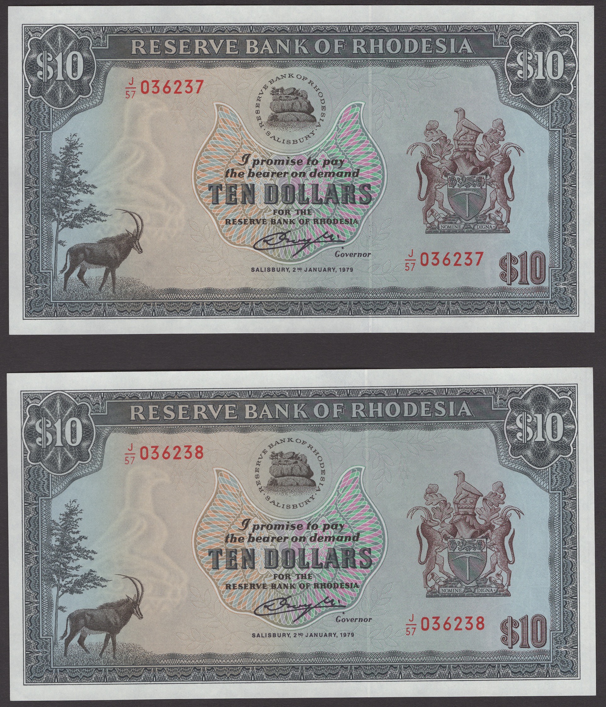 Reserve Bank of Rhodesia, $10 (2), 2 January 1979, consecutive serial numbers J/57...