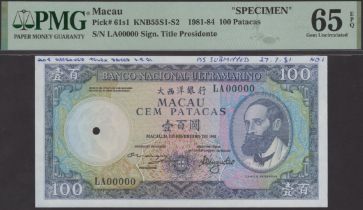 Banco Nacional Ultramarino, Macau, a rejected specimen with an unissued date for 100...