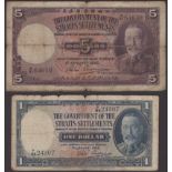 Government of the Straits Settlements, $1 and $5, 1 January 1935, serial numbers F/89 24307...