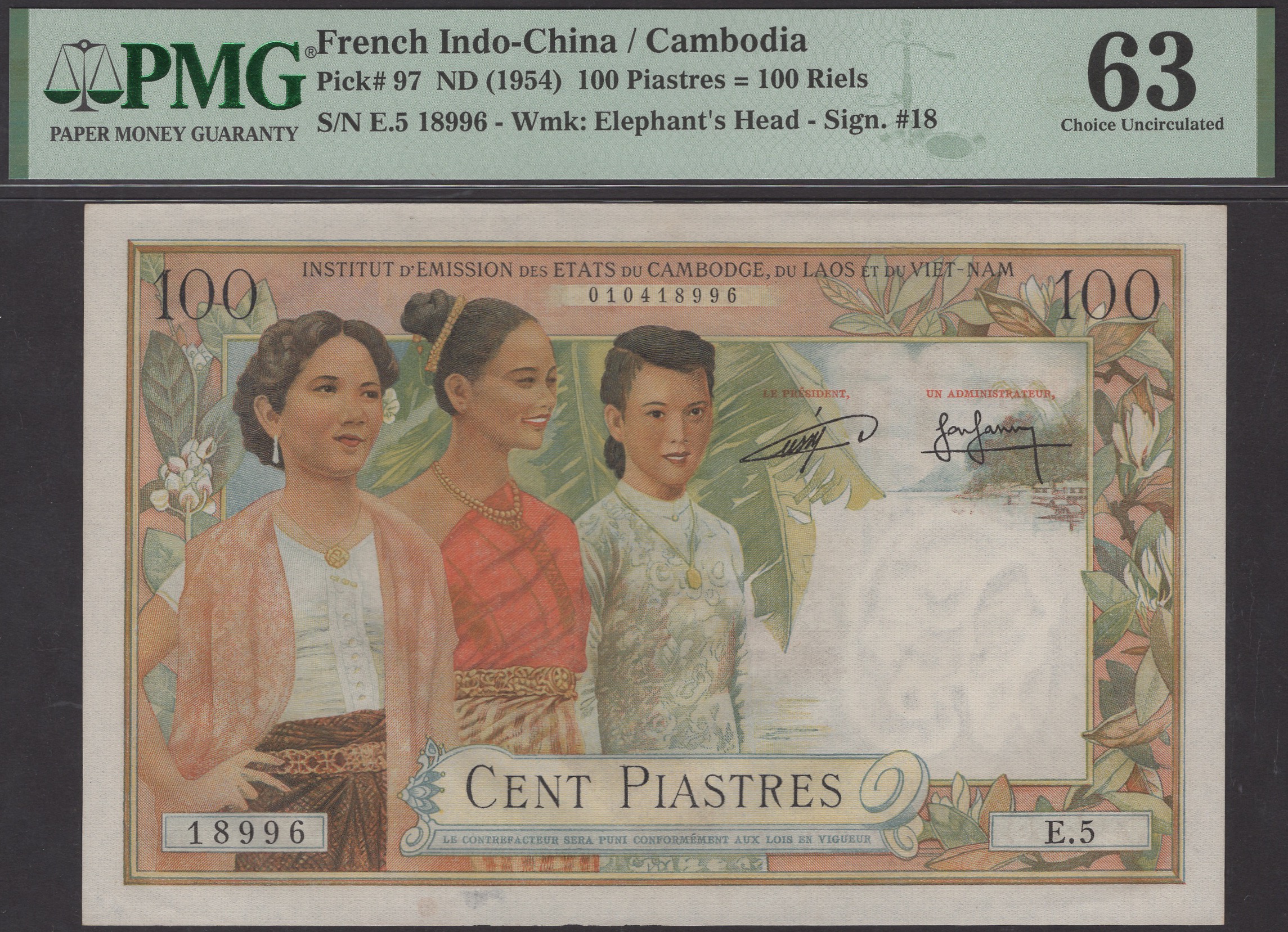 Institut d'Emission des Etats du Cambodge du Laos, et du Vietnam, 100 Piastres, ND (1954),...