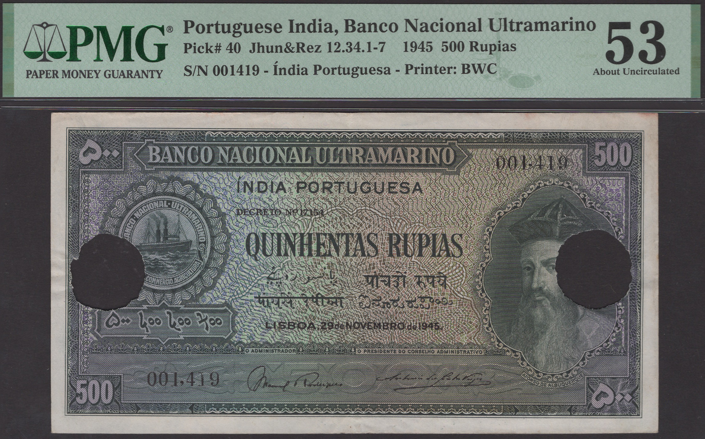 Banco Nacional Ultramarino, Portuguese India, 500 Rupias, 29 November 1945, serial number...