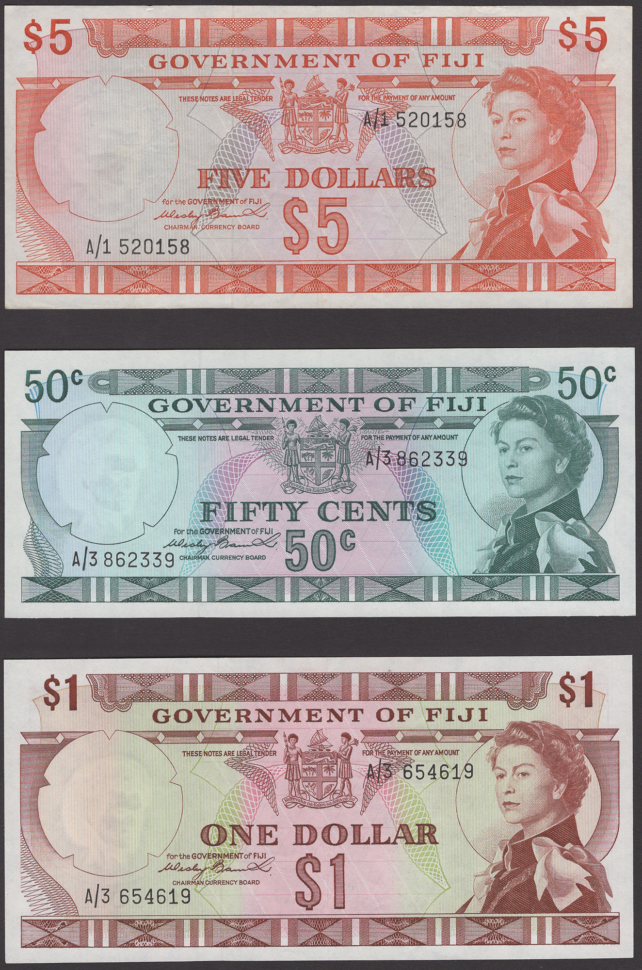 Government of Fiji, 50 Cents, $1, $2 and $5, ND (1971), prefixes A/3, A/3, A/4 and A/1,...