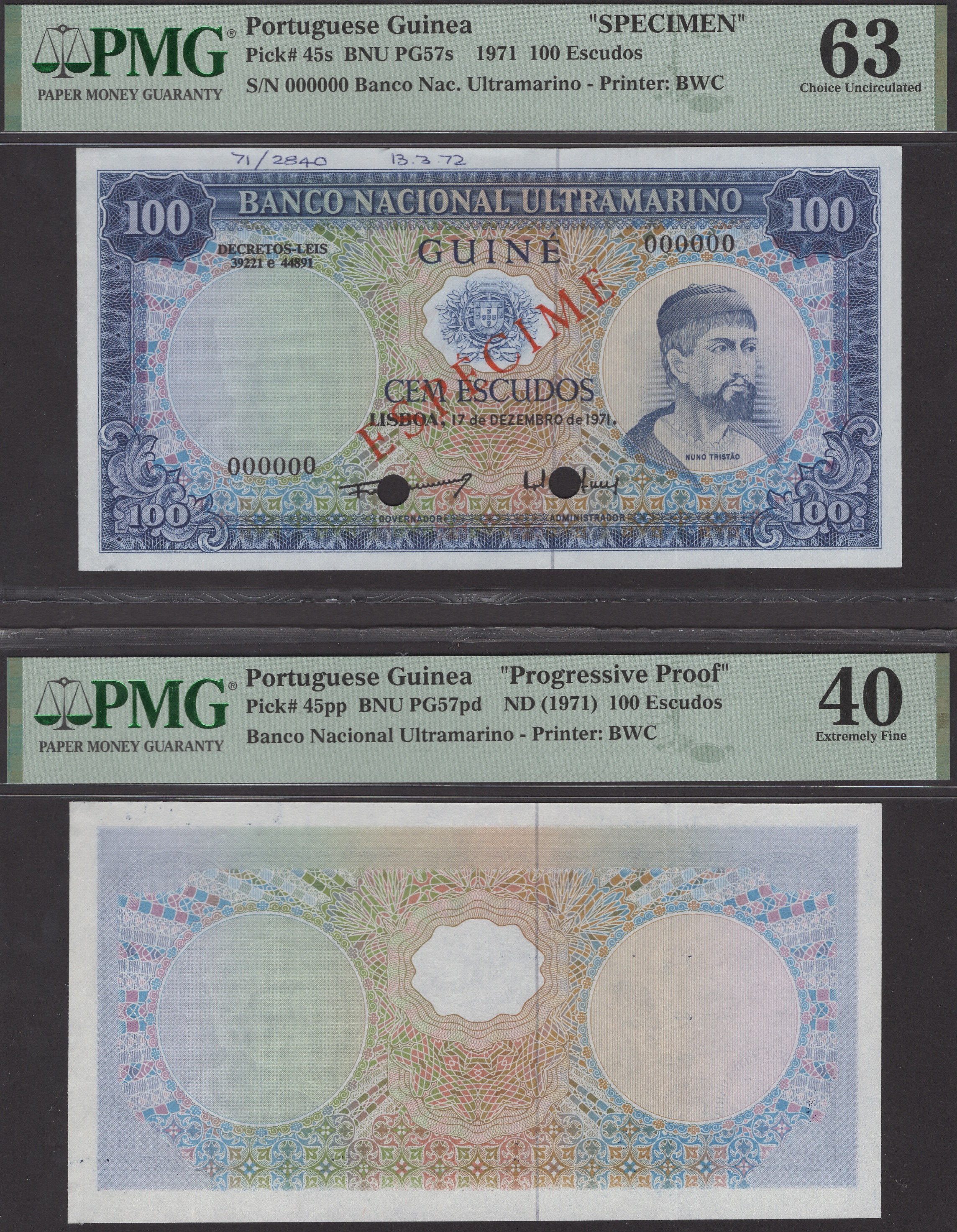 Banco Nacional Ultramarino, Portuguese Guinea, proofs for 100 Escudos (2), 17 December...