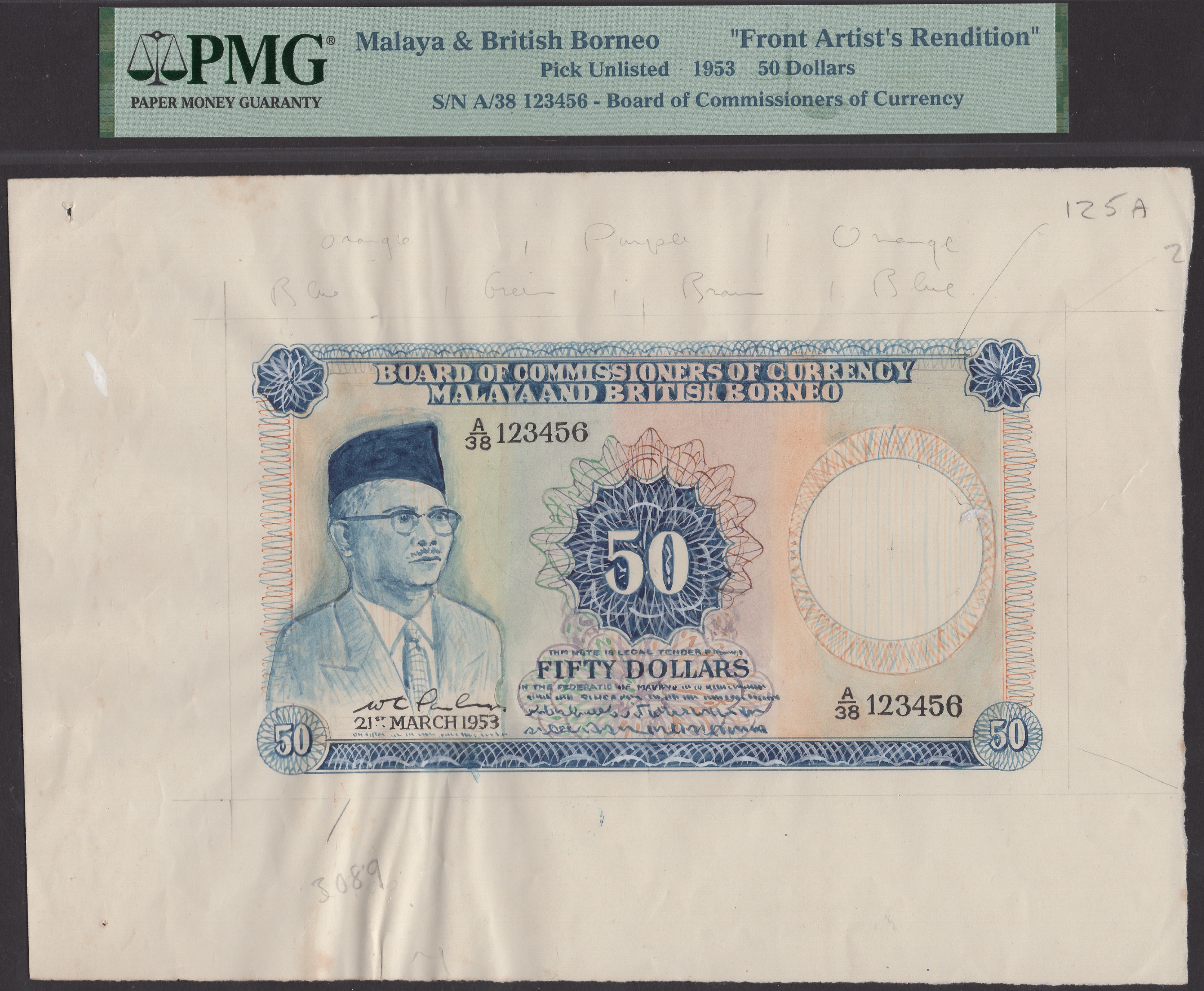 Board of Commissioners of Currency Malaya and British Borneo, hand painted obverse and...