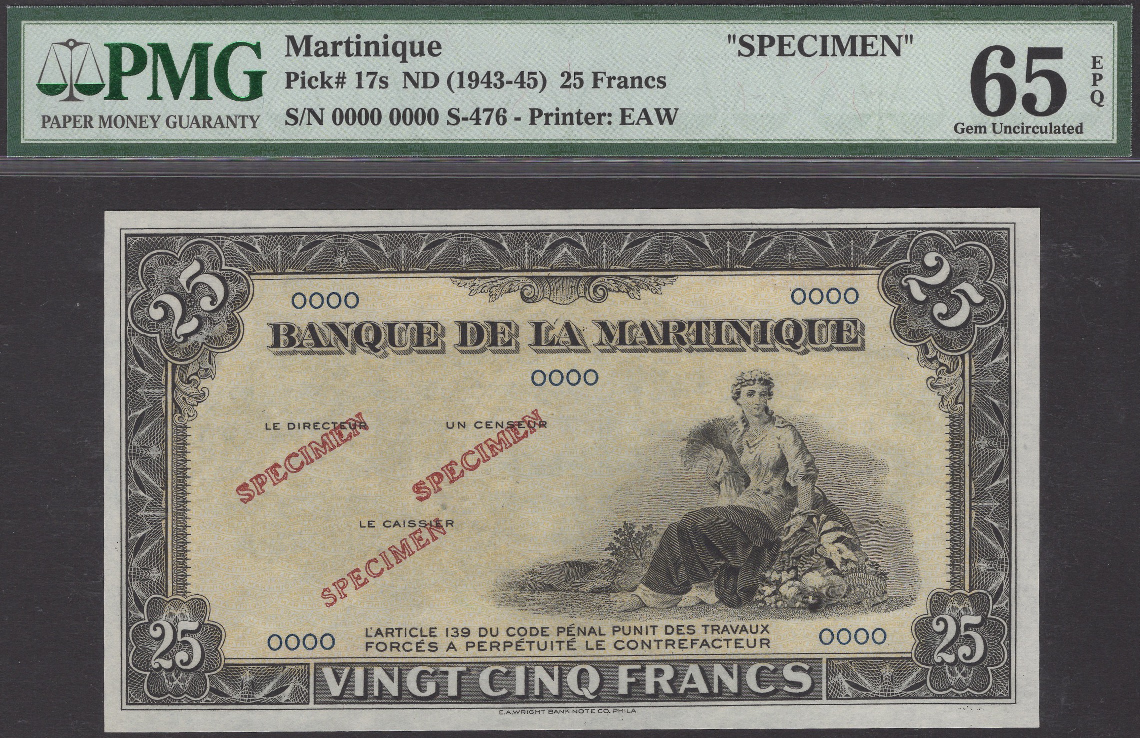 Banque de la Martinique, specimen 25 Francs, ND (1943), serial number 0000 0000, three...