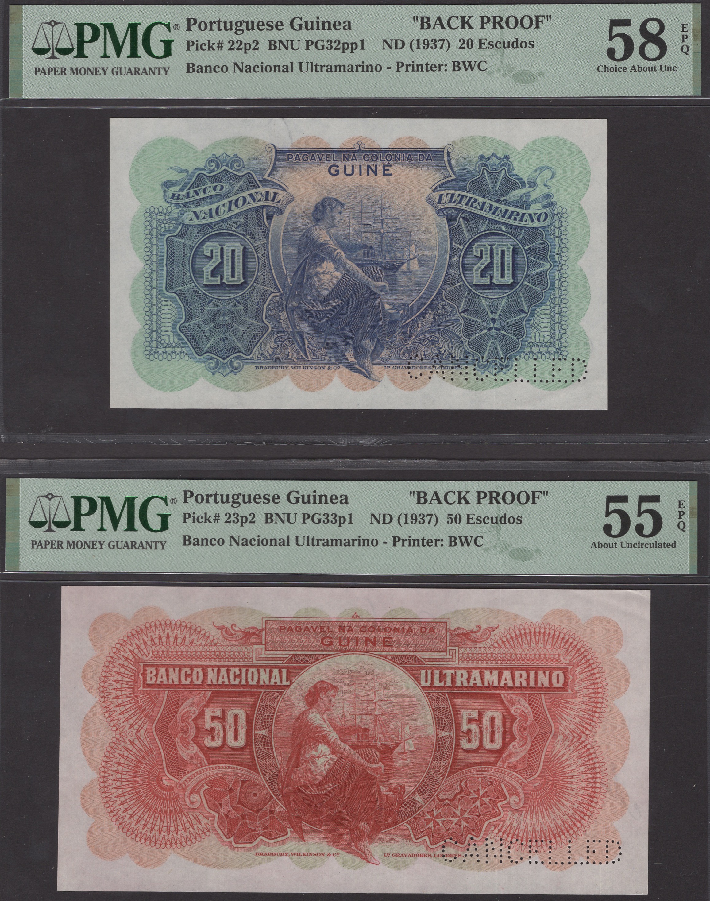 Banco Nacional Ultramarino, Portuguese Guinea, reverse proofs for 10, 20, 50 and 100... - Bild 3 aus 6