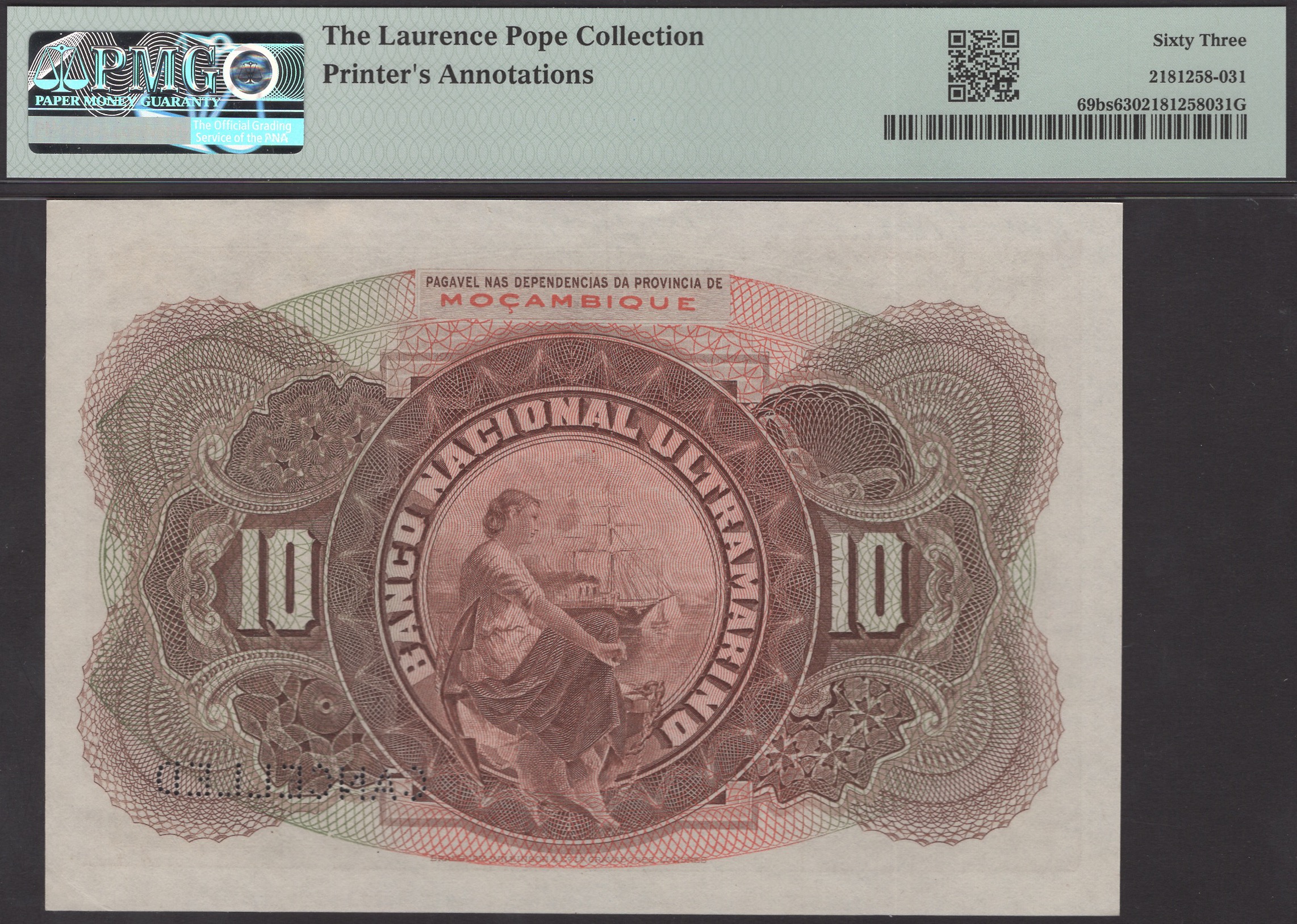Banco Nacional Ultramarino, Mozambique, printers archival specimen 10 Escudos, 1 January... - Image 2 of 2