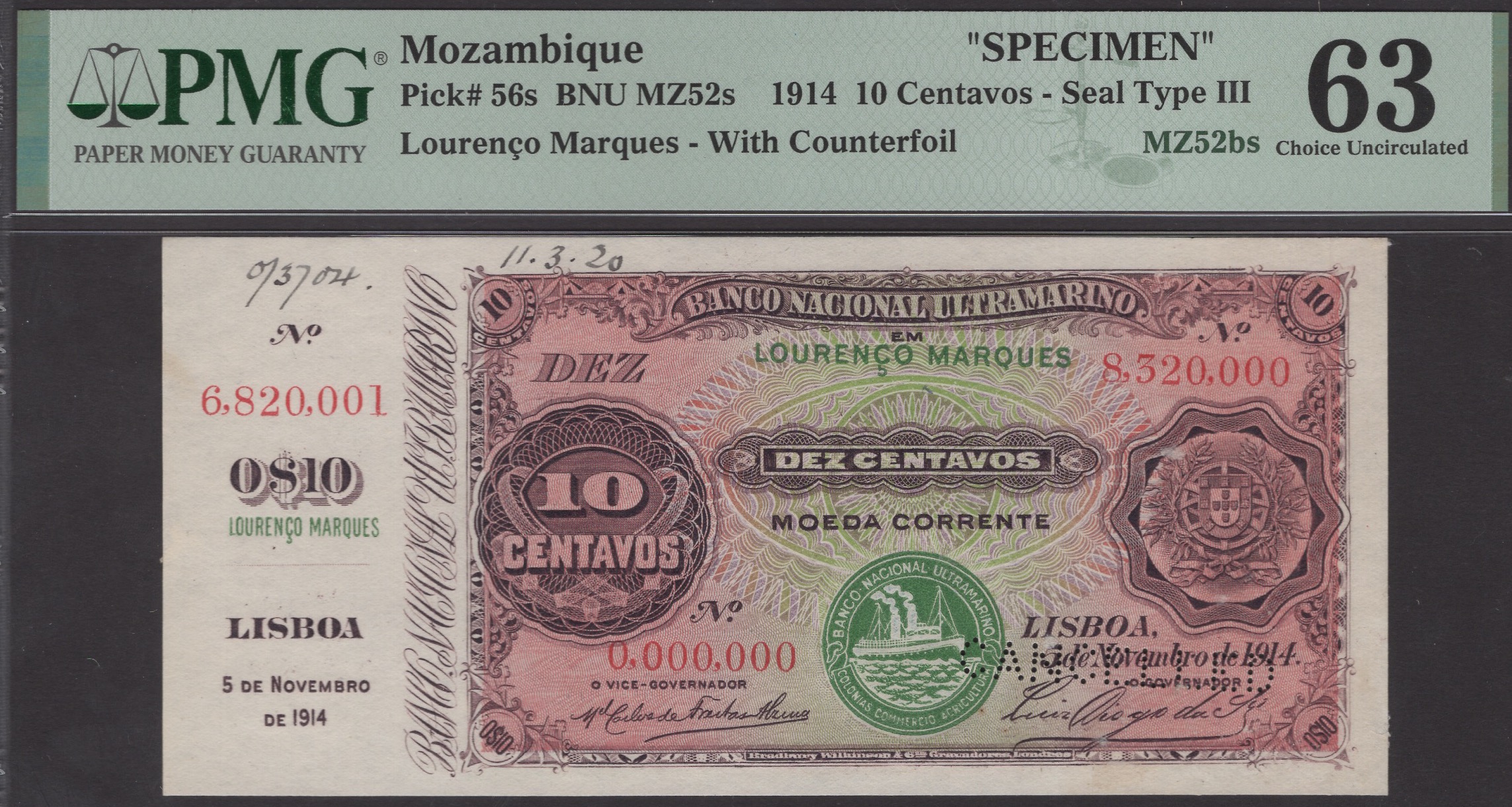 Banco Nacional Ultramarino, Mozambique, printers archival specimen 10 Centavos, 5 November...