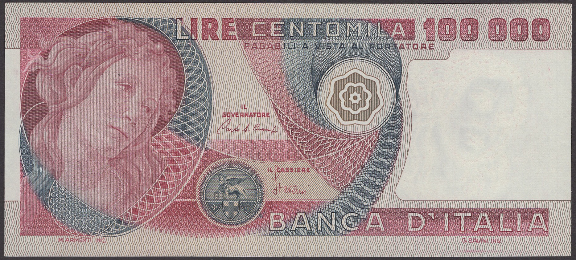 Banca d'Italia, 100000 Lire, 1980, serial number CA475427N, central fold, thus about...