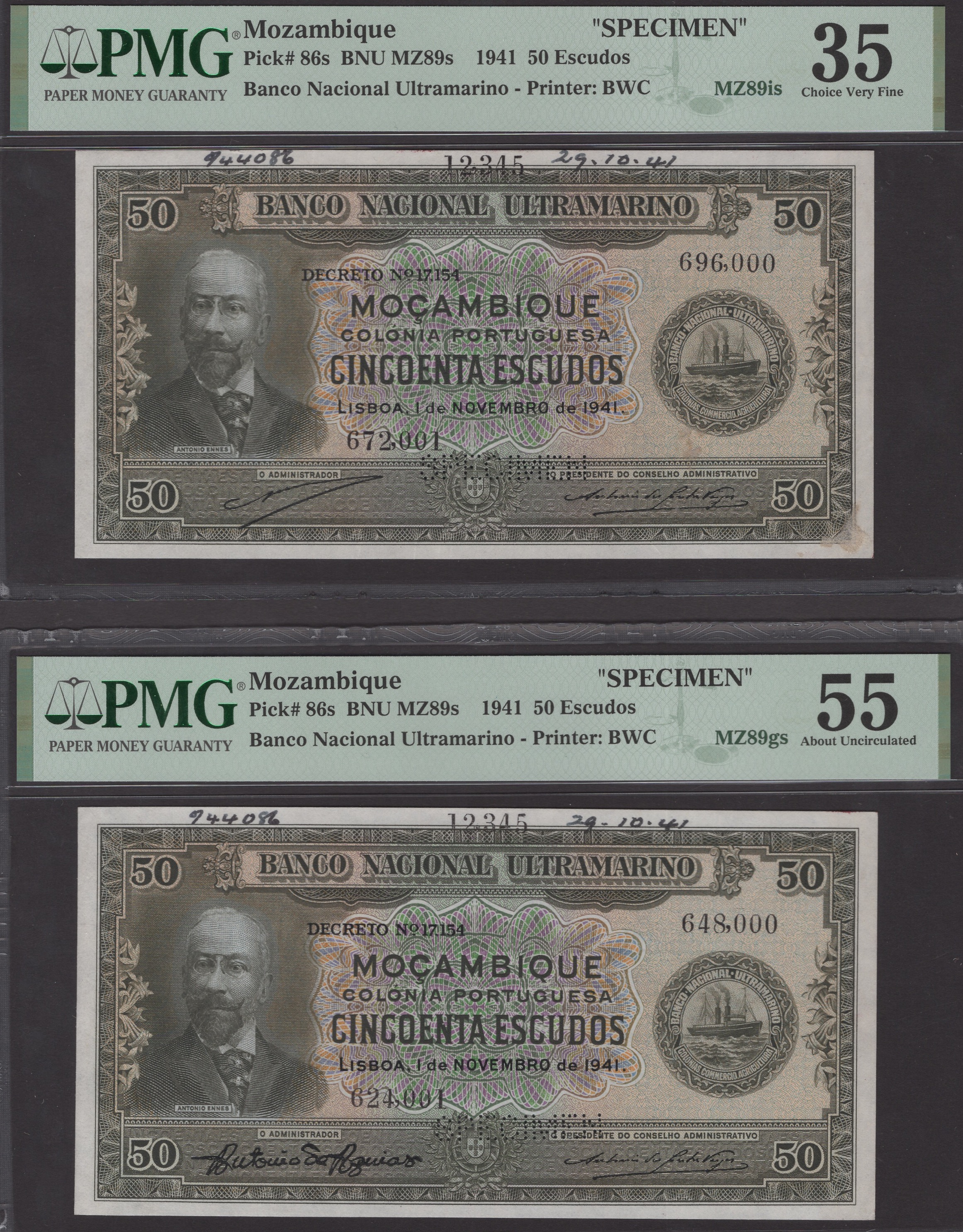 Banco Nacional Ultramarino, Mozambique, printers archival specimens for 50 Escudos (5), 1... - Image 3 of 6