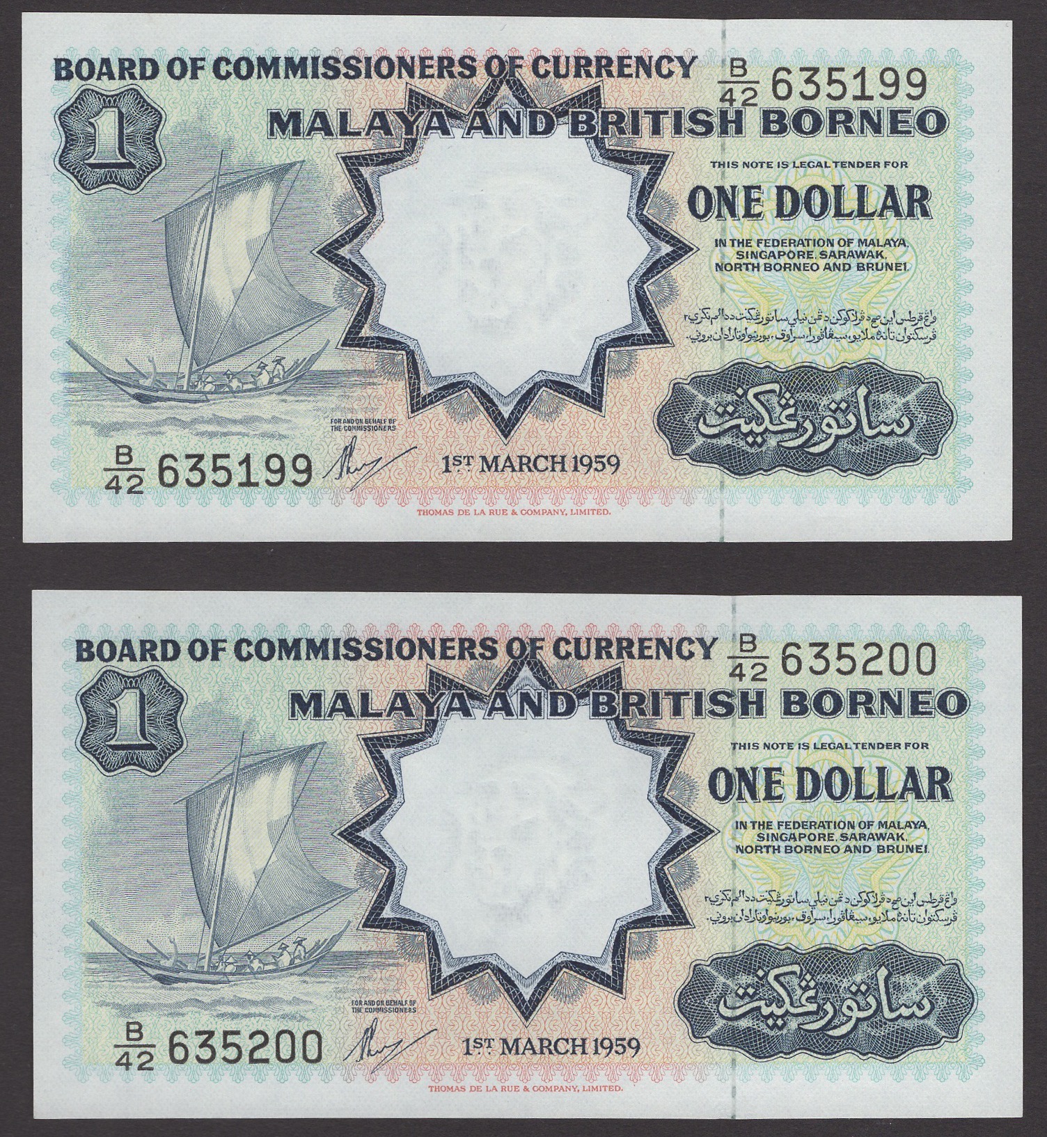 Board of Commissioners of Currency Malaya and British Borneo, $1 (2), 1 March 1959, serial...