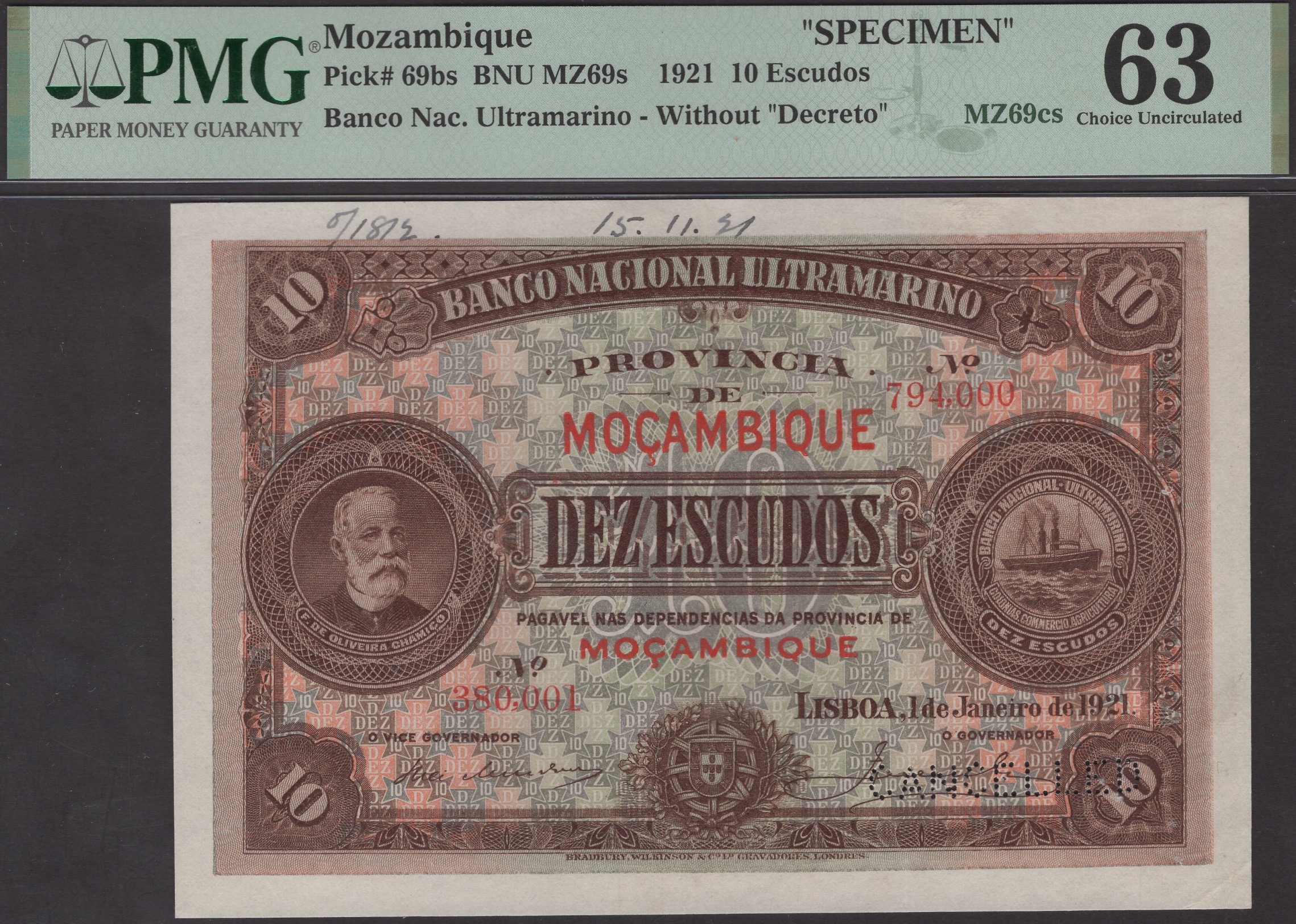 Banco Nacional Ultramarino, Mozambique, printers archival specimen 10 Escudos, 1 January...