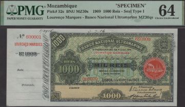 Banco Nacional Ultramarino, Mozambique, printers archival specimen 1000 Reis, 1 March 1909,...