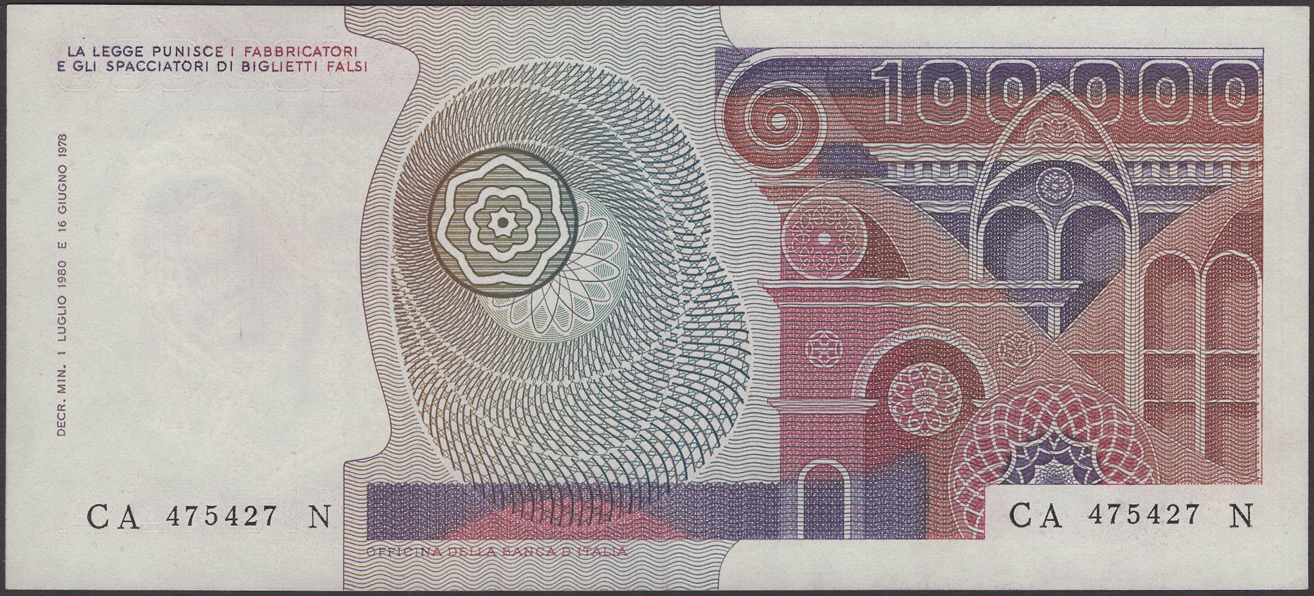 Banca d'Italia, 100000 Lire, 1980, serial number CA475427N, central fold, thus about... - Image 2 of 2