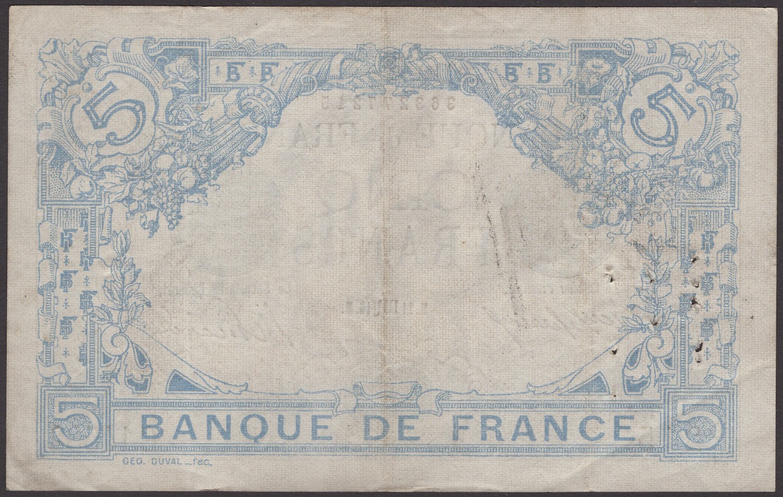 Banque de France, 5 Francs, 21 November 1916, serial number C.14532 215, multiple pinholes,... - Image 2 of 2
