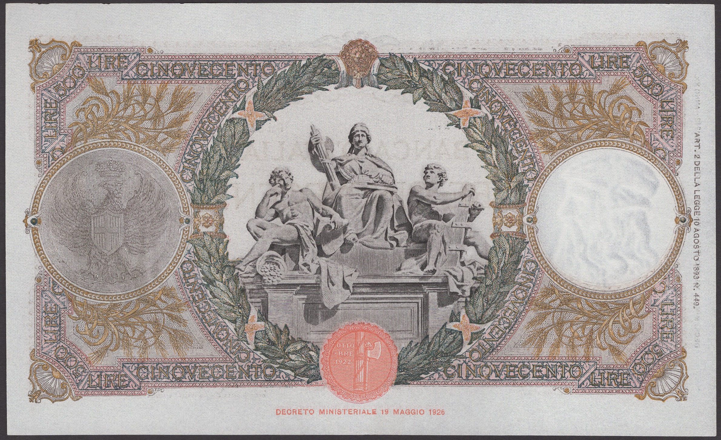 Banca d'Italia, 500 Lire, 17 May 1943, serial number P291 9189, Azzolini and Urbini... - Bild 2 aus 2