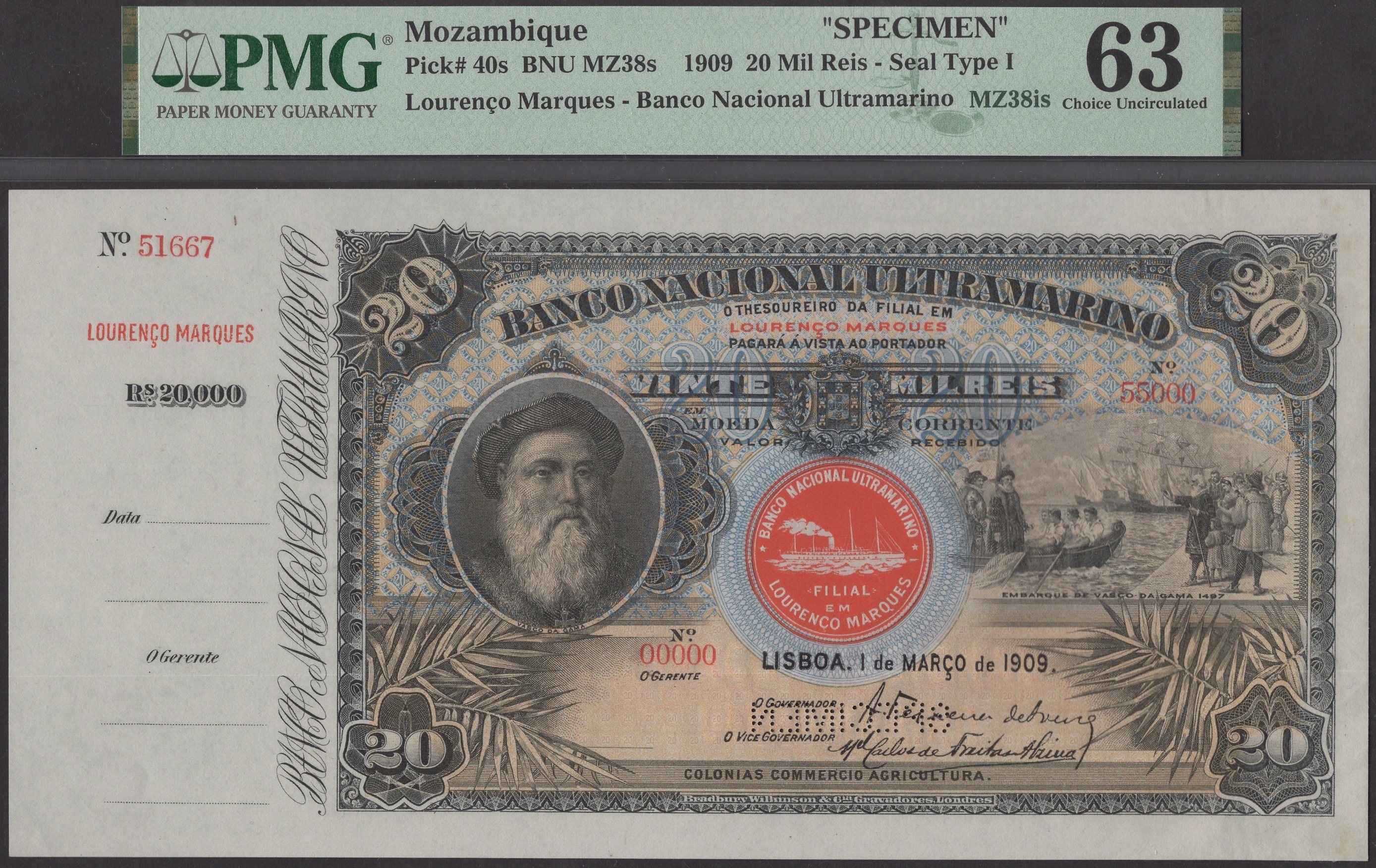 Banco Nacional Ultramarino, Mozambique, printers archival specimen 20 Mil Reis, 1 March...