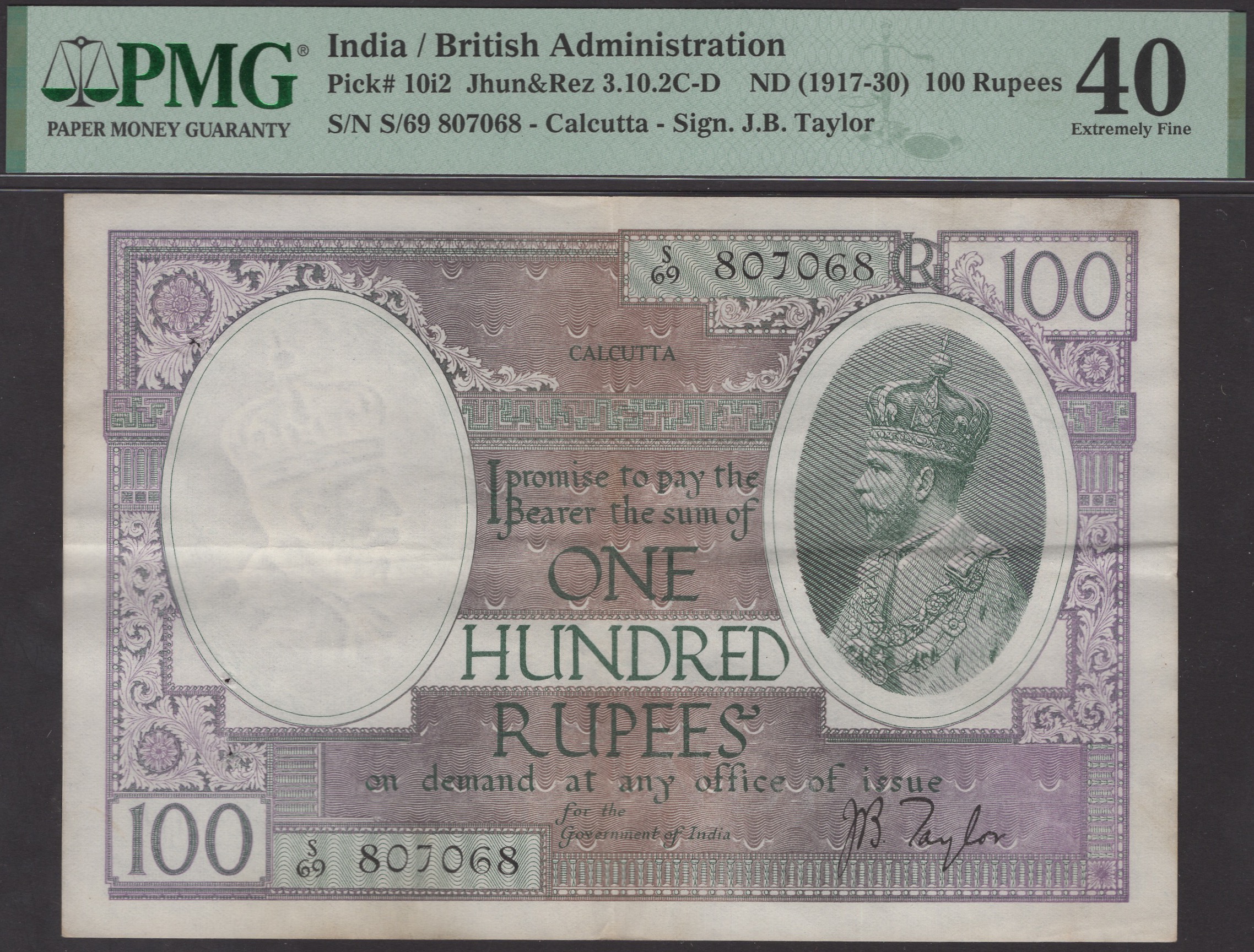 Government of India, 100 Rupees, Calcutta, ND (1917-30), serial number S/69 807068, Taylor...