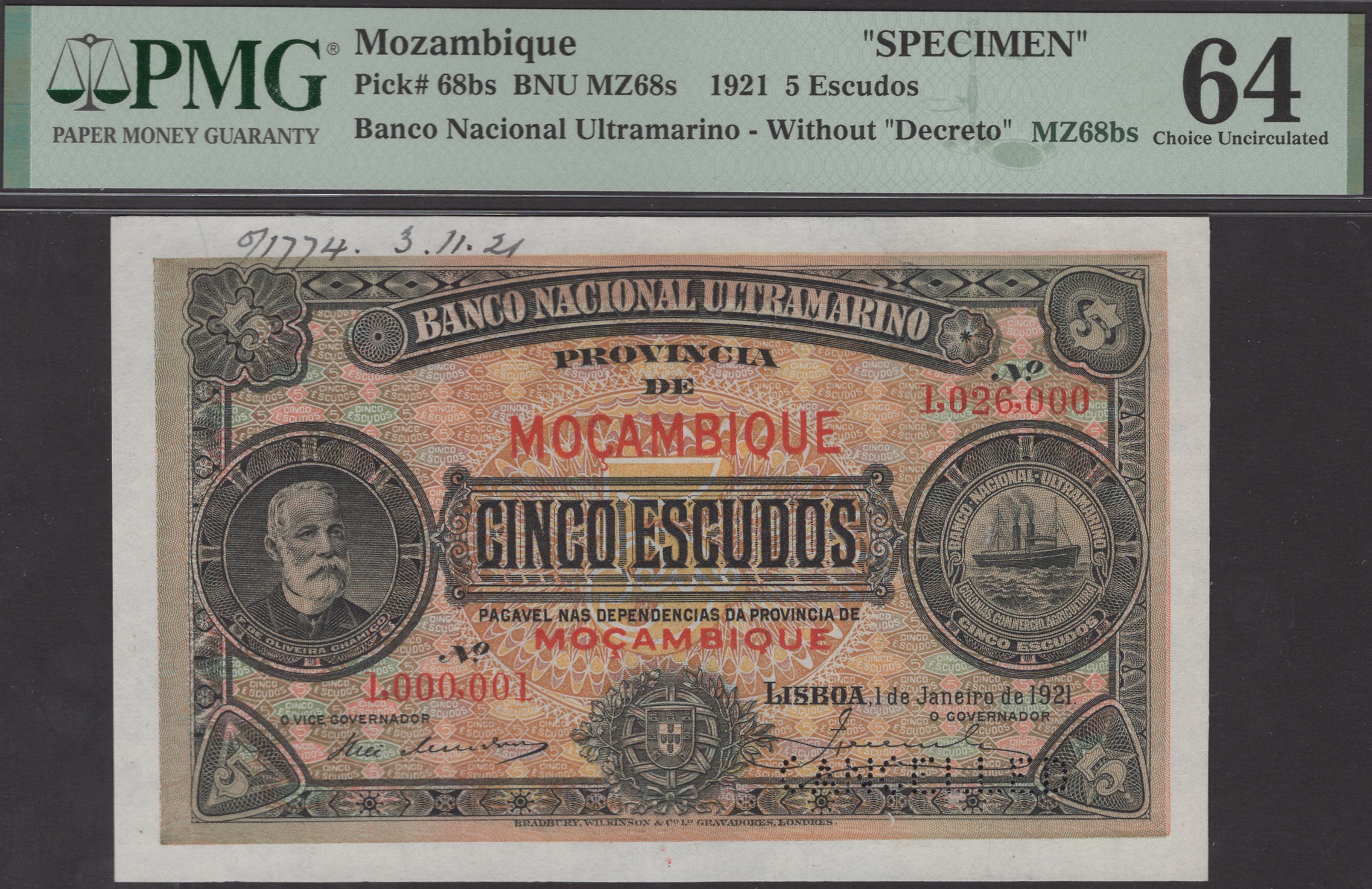 Banco Nacional Ultramarino, Mozambique, printers archival specimen 5 Escudos, 1 January...