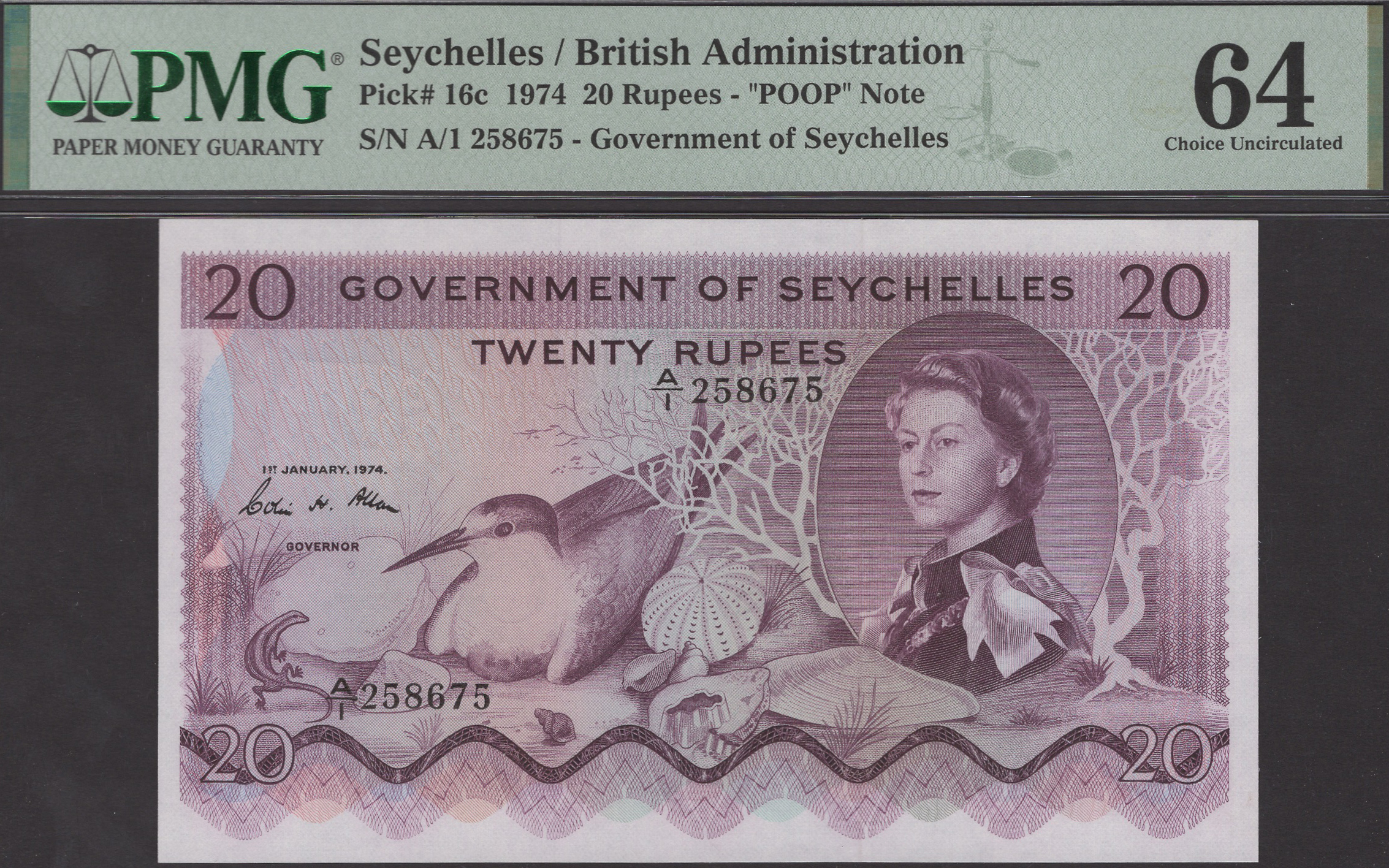 Government of Seychelles, 20 Rupees, 1 January 1974, serial number A/1 258675, Allan...