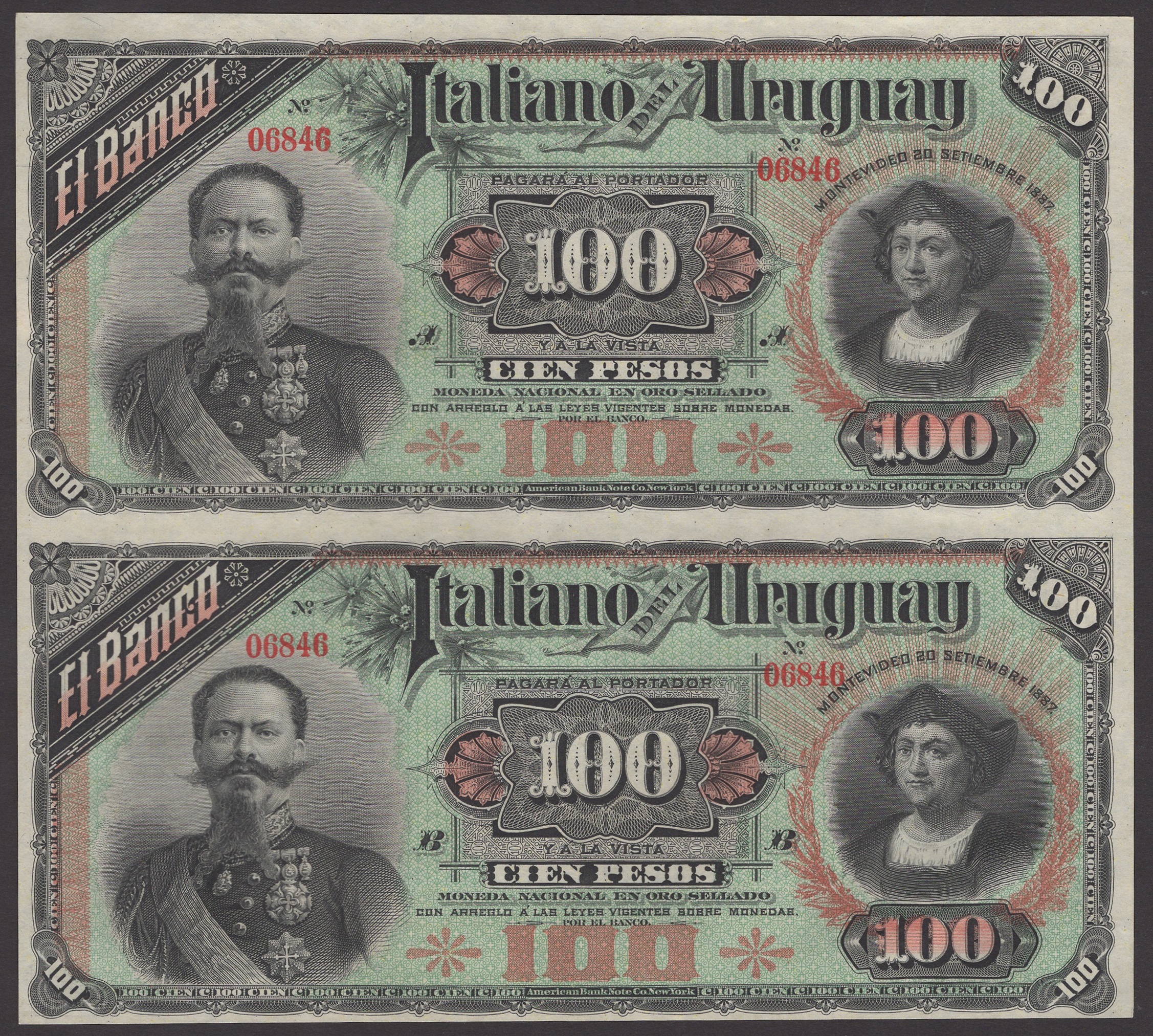 Banco Italiano del Uruguay, an uncut pair of unissued 100 Pesos, 20 September 1887, serial...