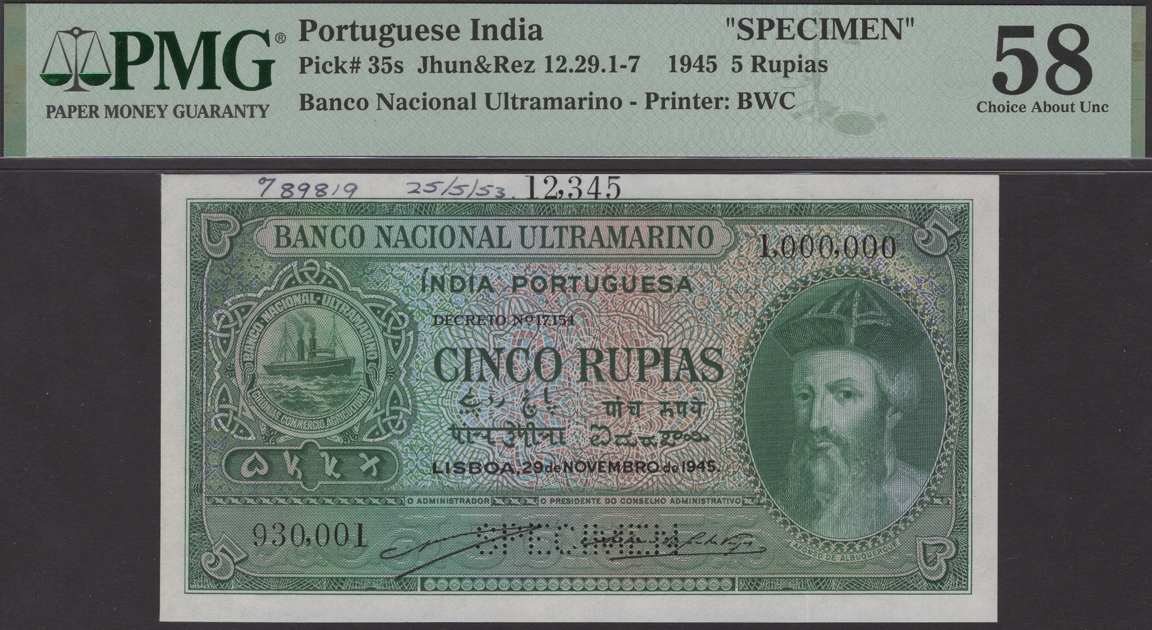 Banco Nacional Ultramarino, Portuguese India, printers archival specimen 5 Rupias, 29...