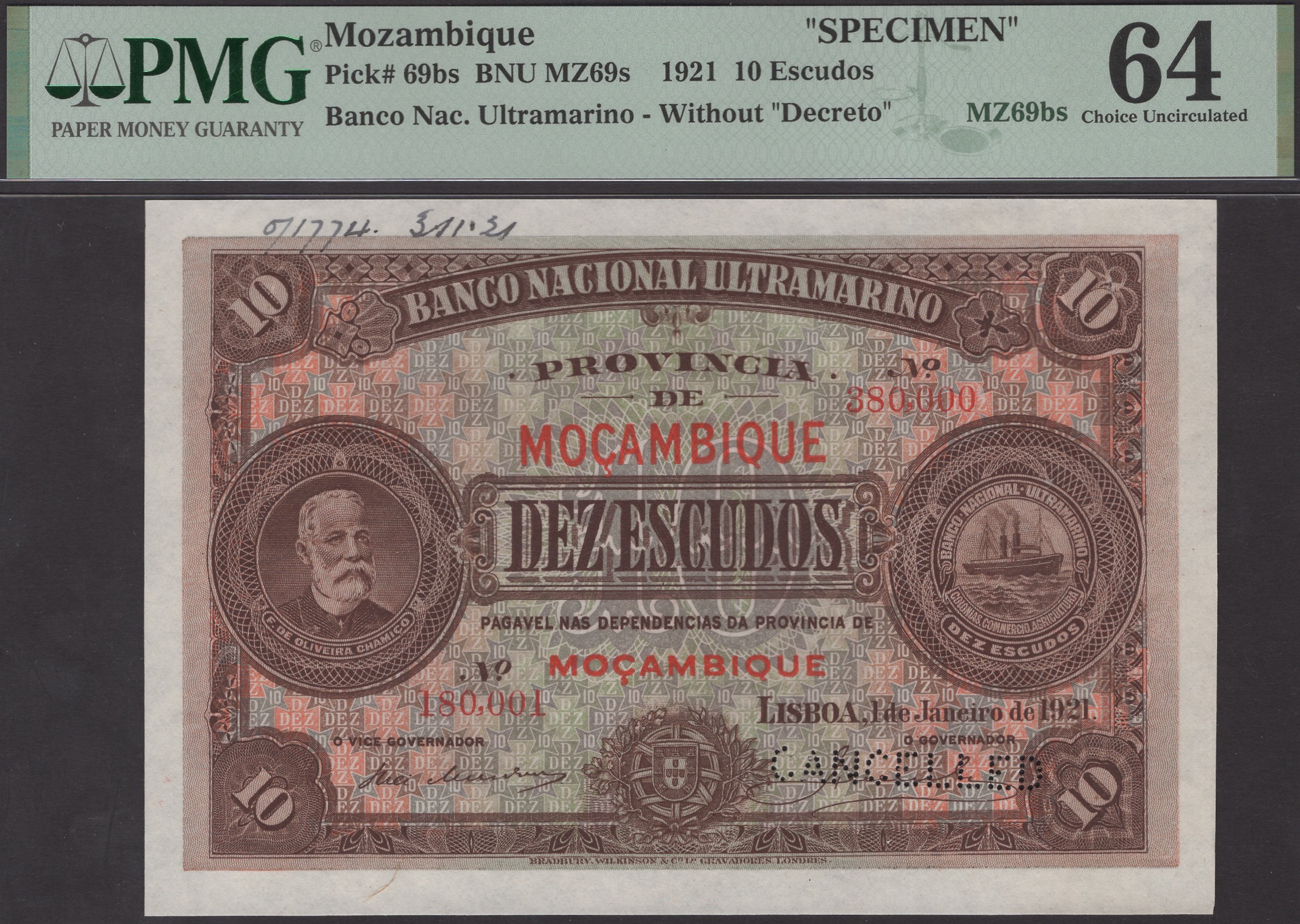 Banco Nacional Ultramarino, Mozambique, printers archival specimen 10 Escudos, 1 January...