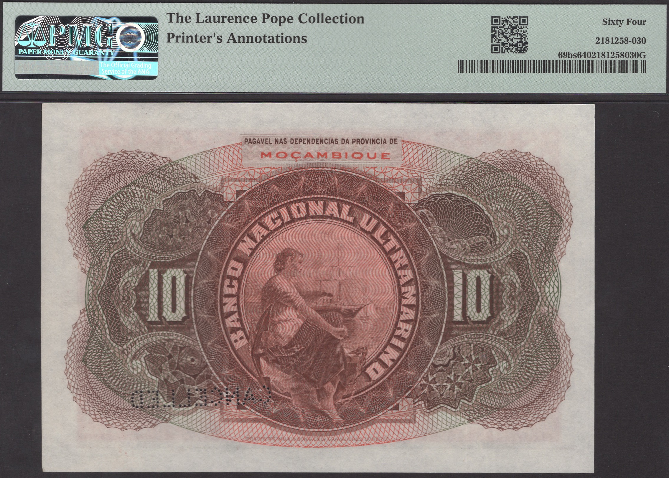 Banco Nacional Ultramarino, Mozambique, printers archival specimen 10 Escudos, 1 January... - Bild 2 aus 2