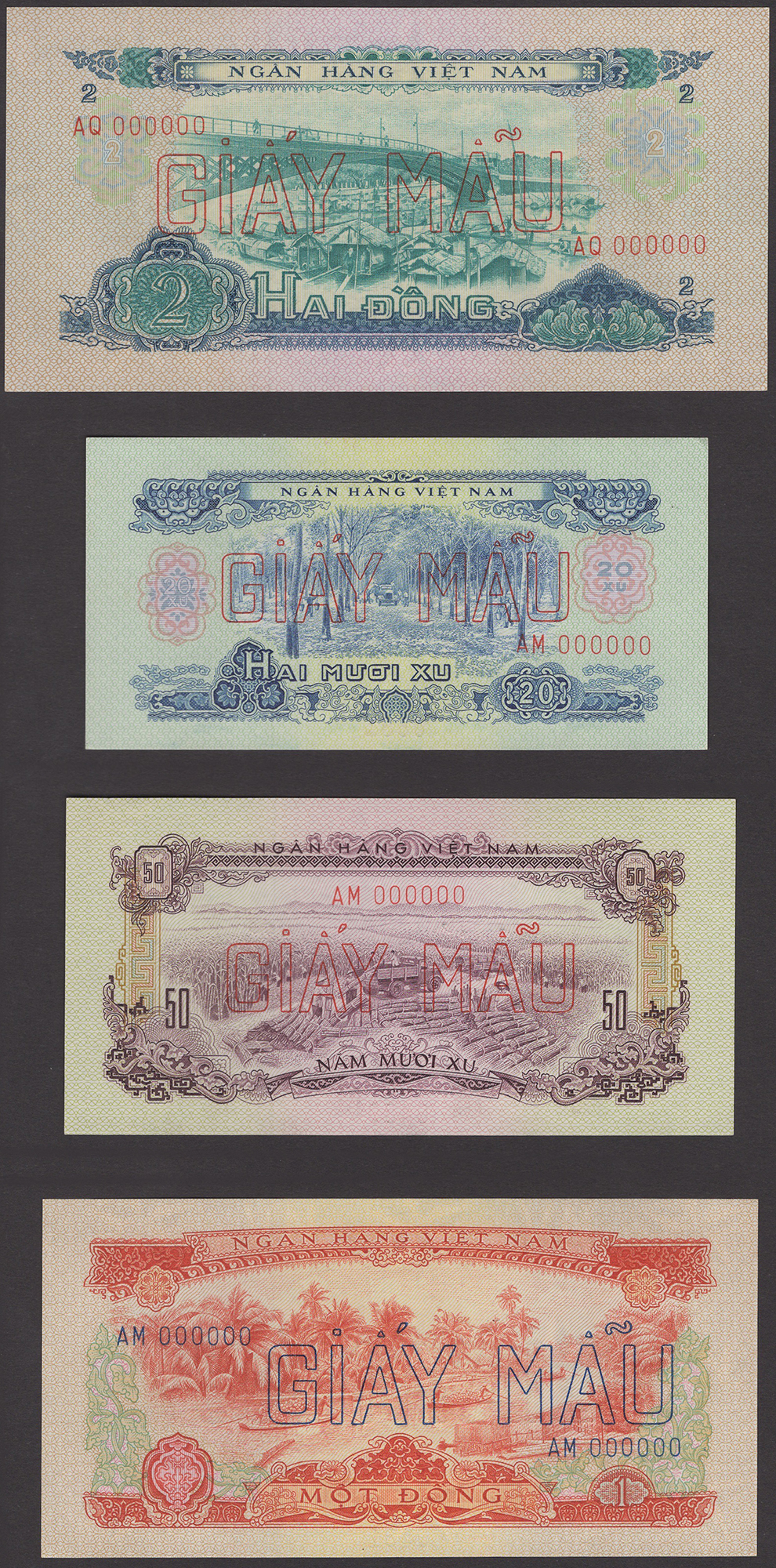 Bank of Vietnam, specimen 10, 20 and 50 Xu and 1, 2, 5, 10 and 50 Dong, 1966, zero serial... - Bild 3 aus 4