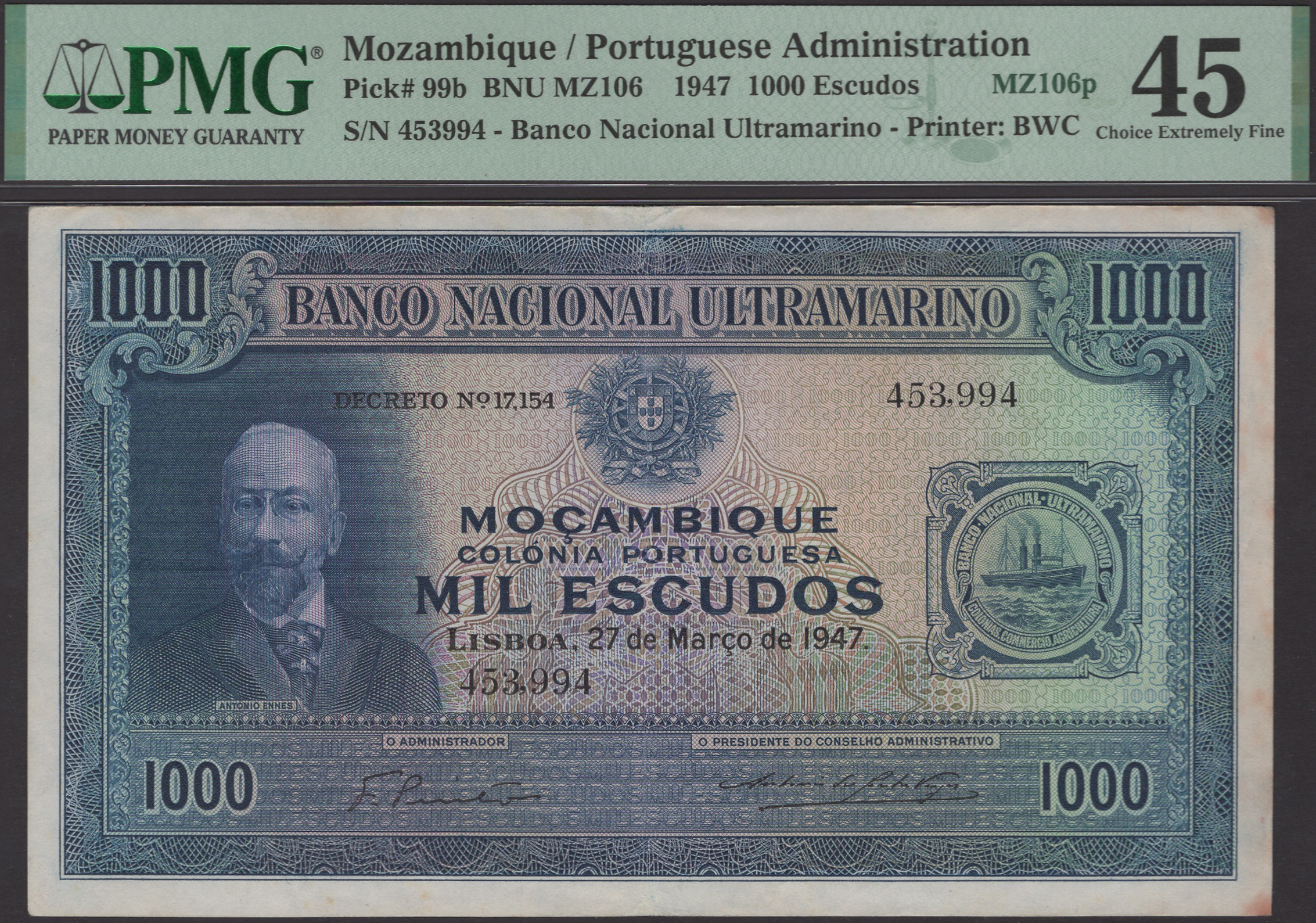 Banco Nacional Ultramarino, Mozambique, 1000 Escudos, 27 March 1947, serial number 453994,...