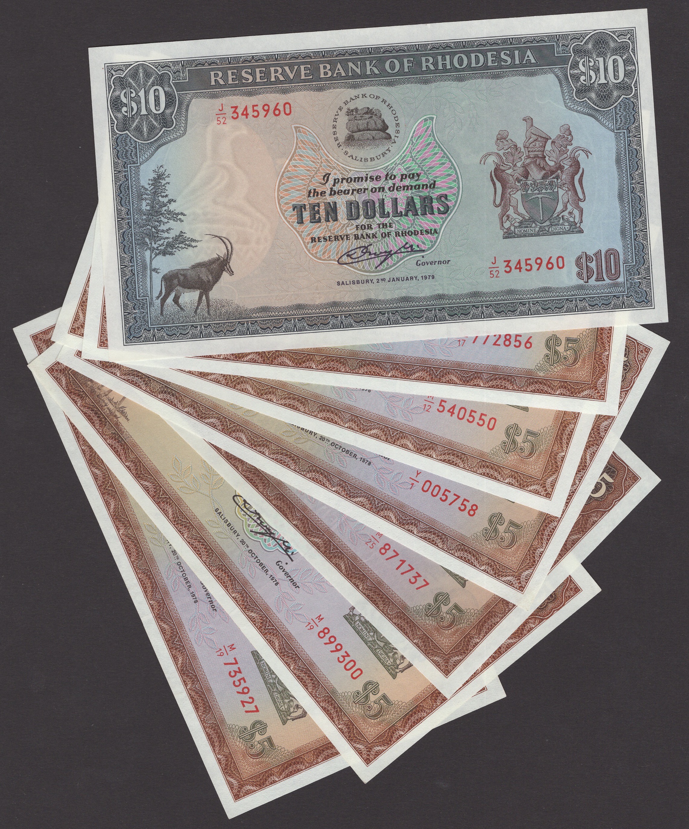 Reserve Bank of Rhodesia, $5, (6) 1 March 1976, 19 May 1978, and 20 October 1978 (4),...