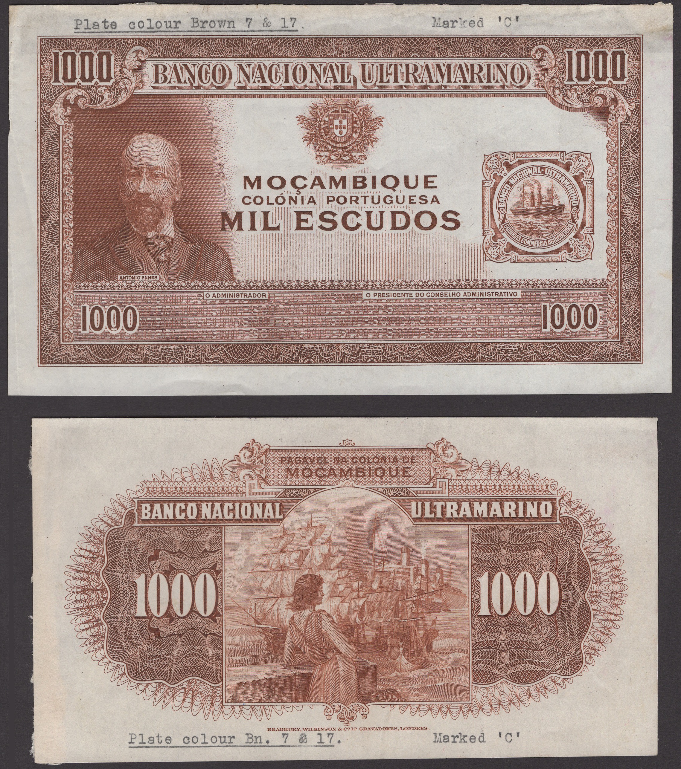 Banco Nacional Ultramarino, Mozambique, obverse and reverse die proofs for 1000 Escudos, ND...