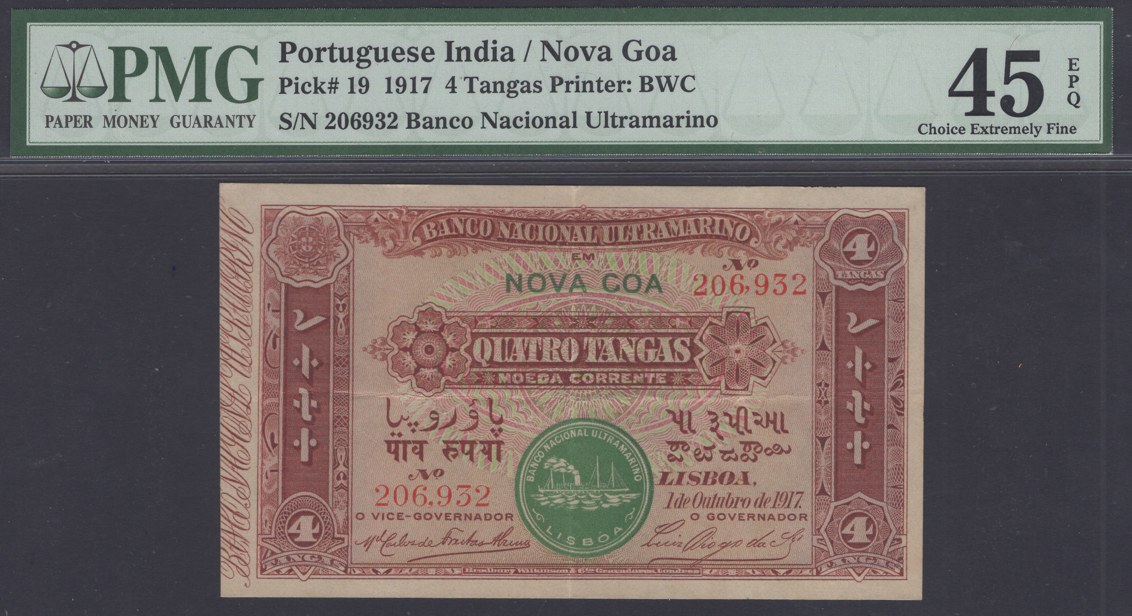 Banco Nacional Ultramarino, Portuguese India, 4 Tangas, 1 October 1917, serial number...